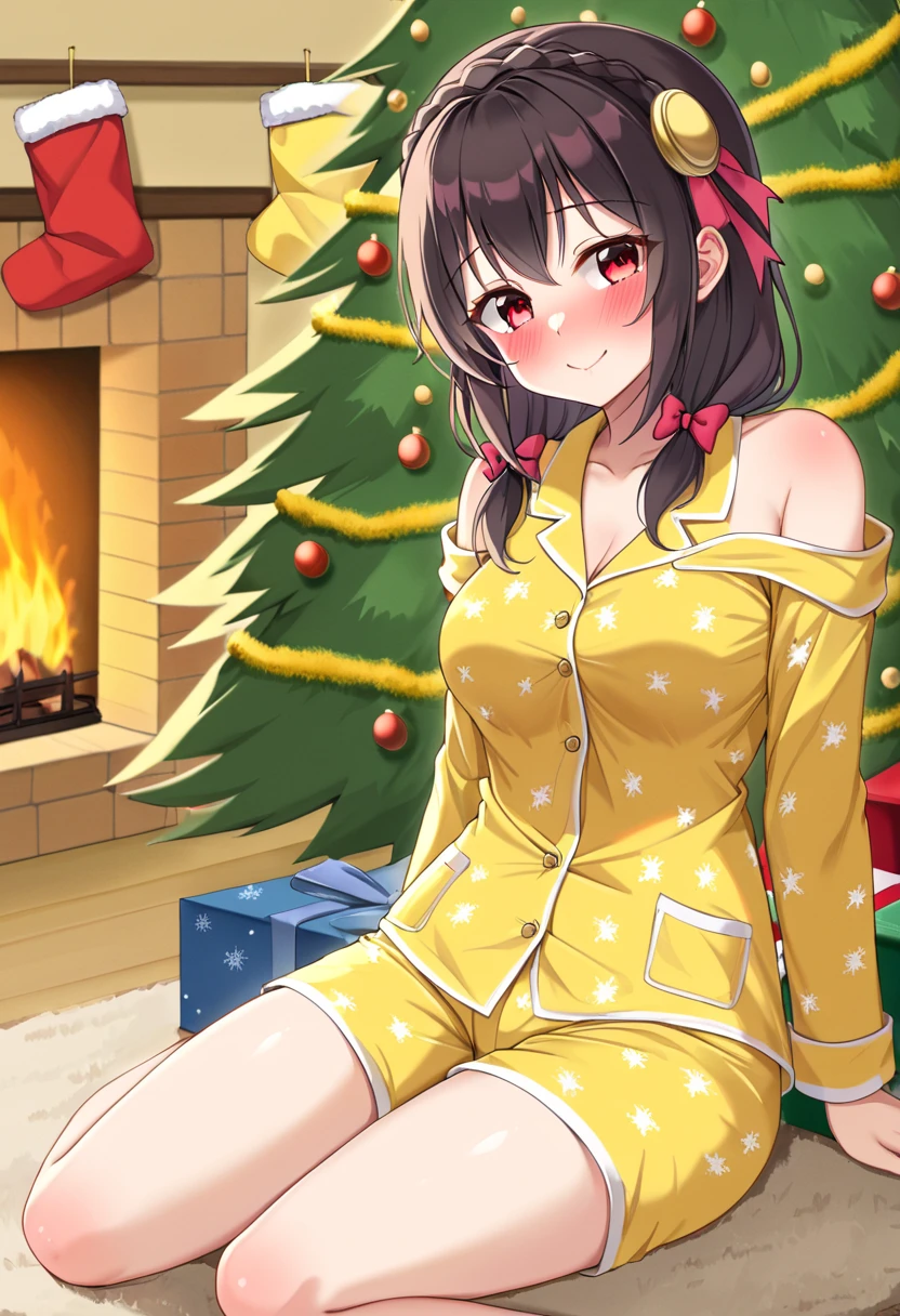 yunyun、masterpiece, top quality,  high definition ,(One person), Yunyun、  crown braid the same color as my hair,  black hair、 red eyes、 hair accessories , ( yellow pajamas with my shoulders out )、Pajamas with black shorts 、 big-breasted 、(blush)、( Christmas tree :1.2)、( shy smile )、Mouth Wave々、View the viewer、fireplace