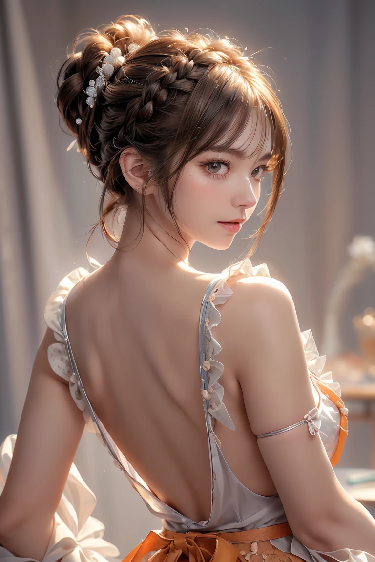 (A masterpiece of image quality in 8K),(Beautiful Allafed Woman),(((emphasizing breasts:1.3))),(Dynamic angles),(Dynamic and sexy bending pose:1.3),(sit a chair:1.3),(Short hair in shiny silver and orange inner colors,large full breasts,Disturbance of clothing due to movement,breast slip,(Ponytail twisted buns adorned with elaborate braids and beads,Braided Setup Fishbone Hair,),(see-through bangs),Huge breasts、(((A white lace apron that shows your bare skin from under your big breasts.......)))、Blush with embarrassment、Enraptured eyes、A smile that beguiles the viewer、(Look back:1.7)、Look into the photographer,skin glistening with sweat,gazing at viewer,,(Professional Lighting),(8K,masutepiece,top-quality,Ultra-high resolution output image,),(Ultra HD with complex detail image modes),depth of fields,Beautiful hands,Beautiful fingers,Detailed finger features,(Detailed hair features:1.7),detailed facial features,detailed clothes features,
