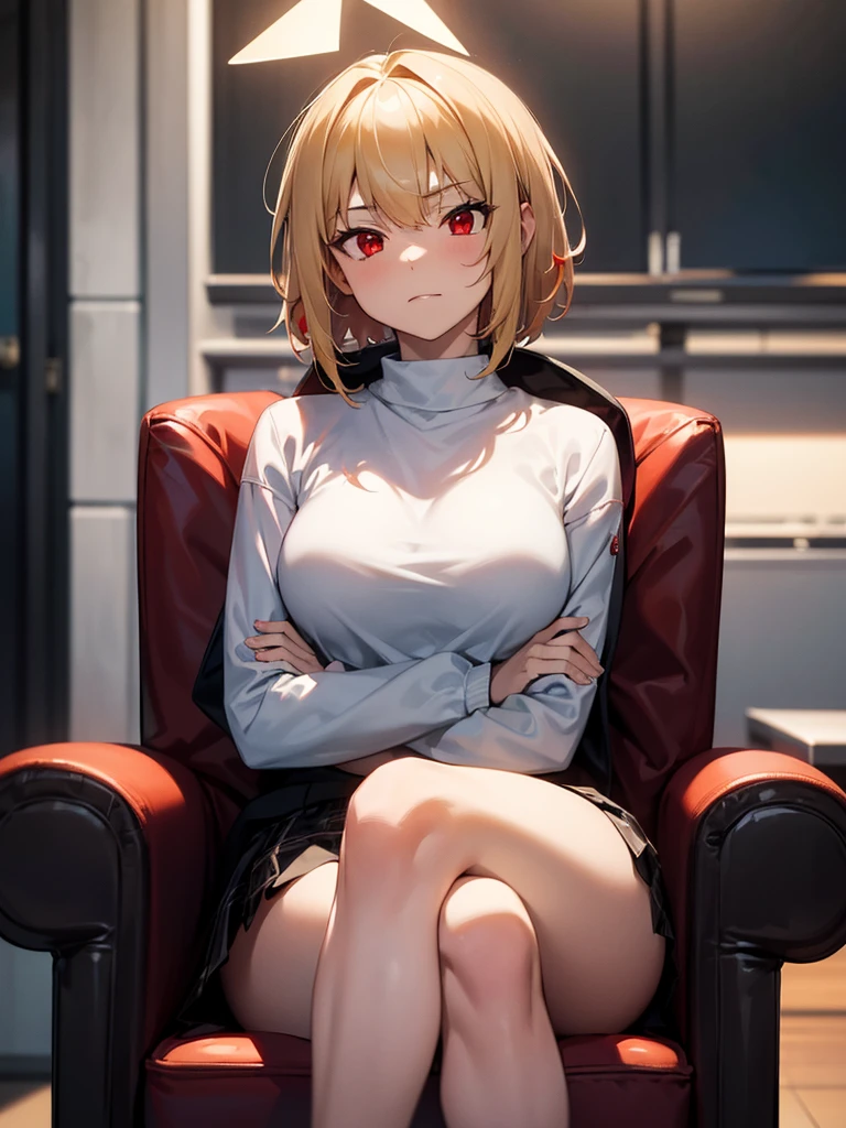 (​masterpiece, top-quality, hight resolution, Unity 8k, extremely details CG:1, Best Picture), 1girl, Upper body, ((blonde hair, (red eyes:1.5), short hair,)), A delinquent teenage girl casually sitting on a chair in a brightly lit studio, responding to an interview with a defiant and carefree attitude. She leans back in the chair, arms crossed or resting lazily on the chair’s arms, and her expression is smug or dismissive, with a faint smirk playing on her lips. Her attire reflects her rebellious nature, featuring a leather jacket or hoodie, a plaid skirt or ripped jeans, and sneakers or combat boots. Her hair might be dyed in vibrant streaks or styled messily, adding to her "bad girl" image. The background is a clean and modern studio with bright lighting, providing a stark contrast to her edgy demeanor. Her posture and attitude suggest someone who doesn't care much about the questions, occasionally responding with eye rolls or sarcastic remarks, embodying the stereotype of a reckless and untamed delinquent.