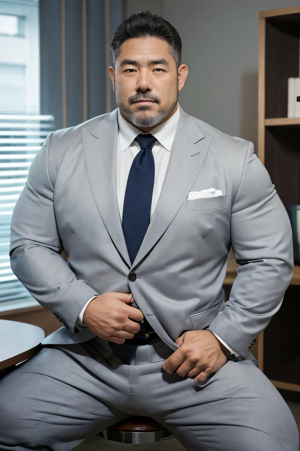 (upper body),Japanese male, solo, Fat muscler Japanese man in a white suit, whole body,look at viewer, in the office, Thick legs, sad expression, Sitting in a chair,Thick arms, Very short grey hair, Very short grey goatee, Grey jacket, Grey trousers, Long trousers,Black enamel loafer, Tight suspension, light purple tie, tight shirt, Huge nice bulge, Shirt tucked into pants, A very good rugby player, 60 years old, Grey jacket and trousers, fatty muscler body, Good rugby player, big bluge, grey hair,realistic