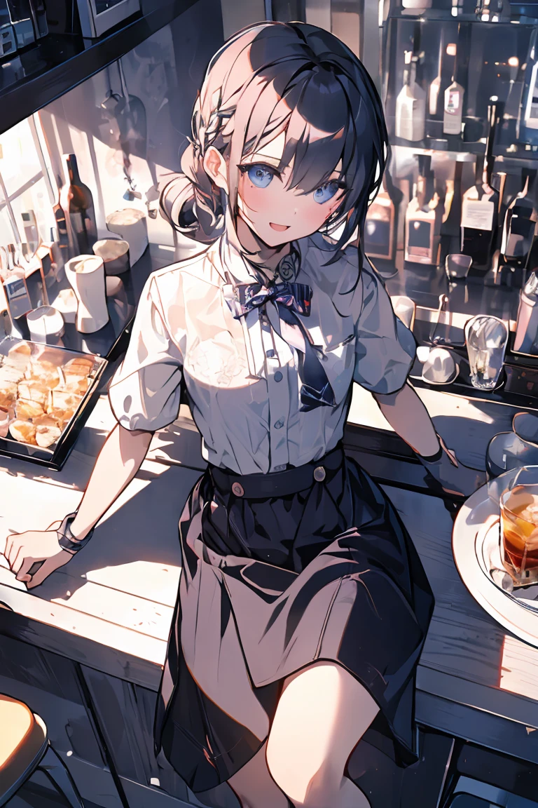 Sailor suit, Sailor suit, One Woman, (Beautiful woman, Delicate schoolgirl:1.3), 8k, highest quality, masterpiece, Very detailed, Ultra-high resolution, Realistic, RAW Photos, Absolute Resolution, Black Hair, Bobcut, face is small compared to body, Very small face, Black Hair, Navy blue Sailor suit, Navy Blue Skirt, High school girl in Sailor suit, 2D Rendering of Anime, realistic young anime school girl, , ((White headband)), Small breasts, expensive, Slanted Eyes, Purple eyes, Black Stockings, garter belt, Smiling with teeth showing, Private room, (Hold the coffee pot in your right hand Holding a cookie in his left hand:1.3), Top-down position