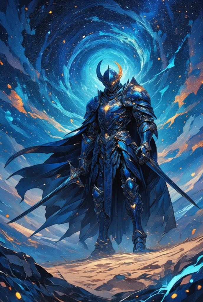 Visualize a gallant knight garbed in armor that mirrors the night sky, standing amidst the endless dunes of a star-kissed desert. The armor is a deep midnight blue, splattered with tiny specks of gemstone that twinkle like the constellations above. (His imposing helmet features a crescent-shaped crest, with one eye glowing a mysterious amber.) In his hand, he grips a slender, enchanted scimitar, its edge shimmering with the pale light of the moon. (A cloak of dark, velvety fabric flows behind him, seeming to absorb all sound in its path.) As a swirling wind lifts the sands in ethereal dances, the desert itself appears alive. Overhead, cosmic phenomena ripple across the skyscape, as if heralding this knight's celestial journey. (The shadow of a formidable griffin flits across the sands, hinting at unseen allies.) This image stages a narrative where the boundaries between earth and sky blur within the enchantment of an endless night.