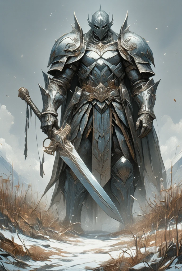 This is a highly detailed digital illustration depicting a large, armored warrior standing in a desolate, snowy landscape. The warrior is imposing, standing tall with broad shoulders and a muscular build. They are clad in heavy, metallic armor that is a mix of silver and dark gray, with intricate designs and sharp edges. The helmet is a full-face mask with a visor, adding to the sense of mystery and intimidation.

The warrior's right hand grips a large, ornate sword with a crossguard and a broad, double-edged blade. The sword is held with a confident, yet solemn expression. The left hand rests on the hilt of the sword, fingers gripping it tightly.

The background features a bleak, overcast sky with patches of snow on the ground and tall, dry grasses blowing in the wind. The overall color palette is dominated by shades of gray and brown, enhancing the somber and foreboding atmosphere. The textures of the armor are meticulously detailed, showing a mix of smooth metal and rough, worn areas, adding to the realism of the scene. The overall style is realistic with a touch of fantasy, capturing the essence of a medieval warrior in a harsh, wintry environment.