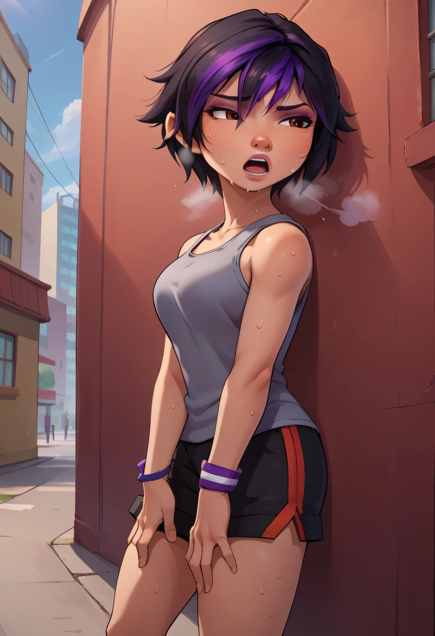 score_9, score_8_up, score_7_up, BREAK,gogotomago, 1girl, solo, short hair, black hair, jewelry, lo purple hair, bracelet, makeup, casual, cowboy shot, brown eyes, looking at the ground, large breasts,outdoors,city, hands on knees, grey tanktop, sweaty, black shorts, extausted, open mouth, dripping sweat, sweating purfusly, chin sweating, arms sweaty, breathing, steam coming out her mouth, side view, full body