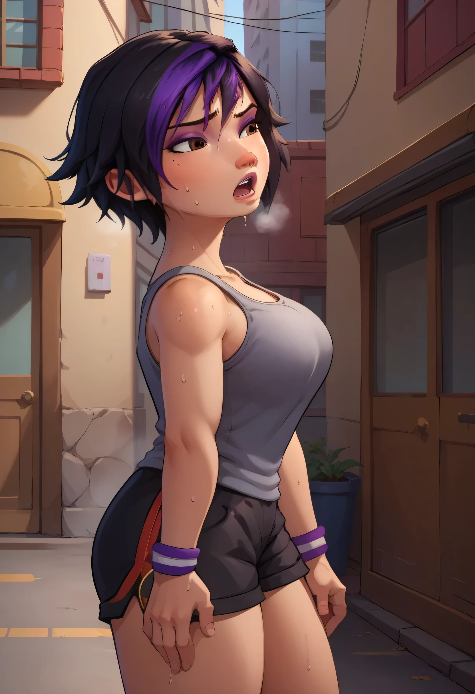 score_9, score_8_up, score_7_up, BREAK,gogotomago, 1girl, solo, short hair, black hair, jewelry, lo purple hair, bracelet, makeup, casual, cowboy shot, brown eyes, looking at the ground, large breasts,outdoors,city, hands on knees, grey tanktop, sweaty, black shorts, extausted, open mouth, dripping sweat, sweating purfusly, chin sweating, arms sweaty, breathing, steam coming out her mouth, side view, full body