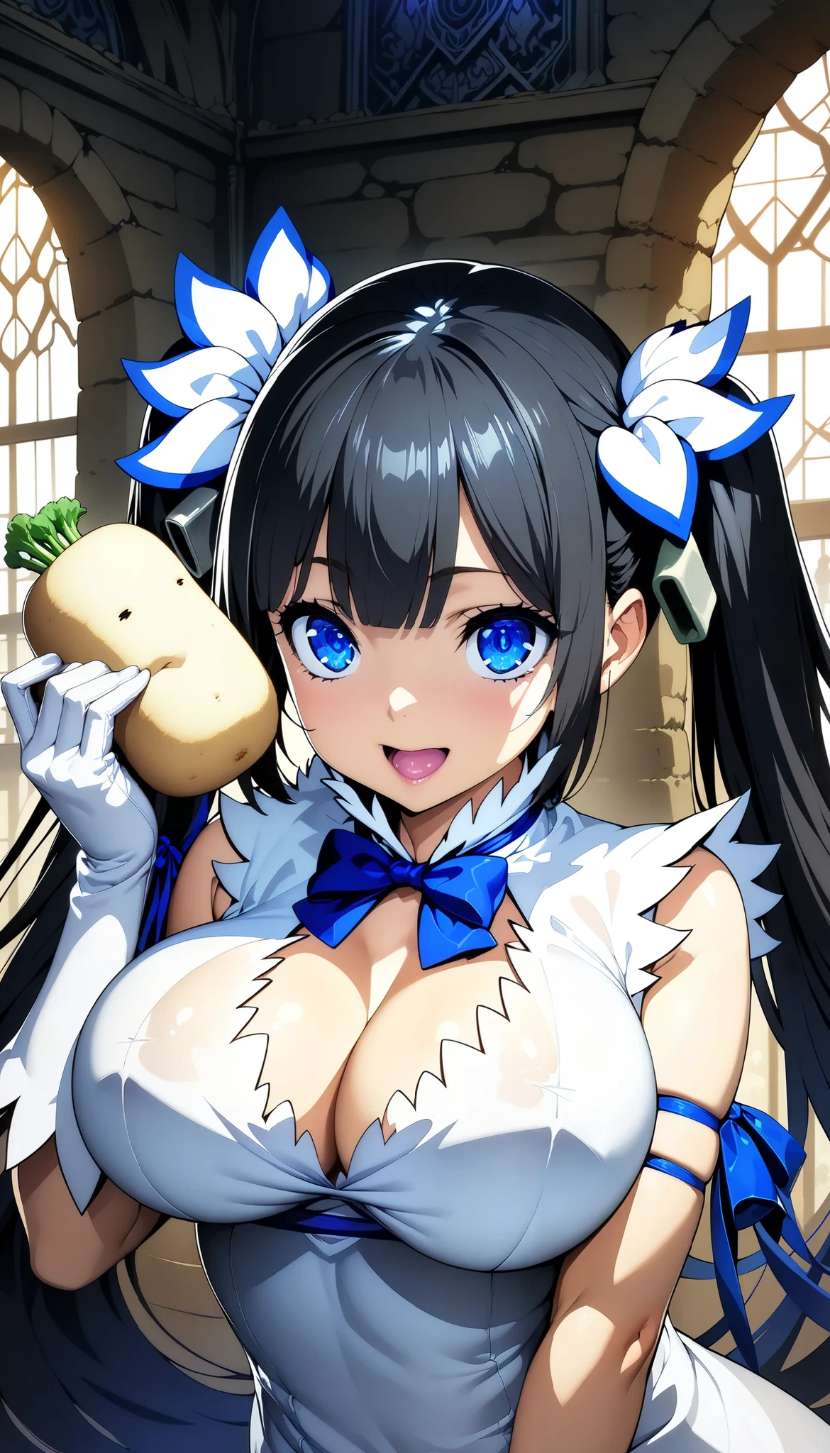 ( top quality:1.4,  very detailed,  CG illustration art ,  detailed illustrations,  high detail, masterpiece:1.2,  top quality,  best aesthetics), ((( 1 girl ))), (hestia (Danmachi), breasts, long hair, blue ribbon, twintails, gloves, ribbon, dress, spirit's rope, large breasts, blue eyes, black hair, white gloves, cleavage, white dress, hair ribbon, bow, sleeveless, sleeveless dress, bangs, cleavage cutout, hair ornament, bowtie, clothing cutout, very long hair, arm ribbon), smile:1.2,  open your mouth , Big Breasts, (((Daikon in hand))),  dungeon background.