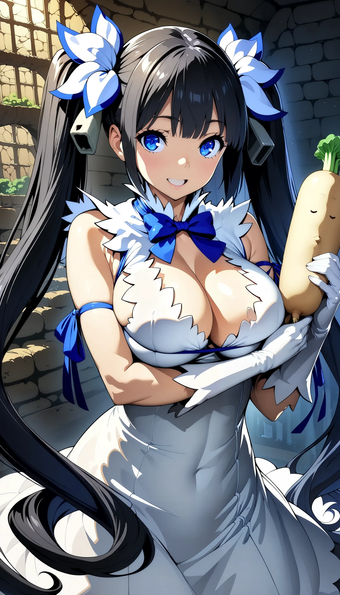 ( top quality:1.4,  very detailed,  CG illustration art ,  detailed illustrations,  high detail, masterpiece:1.2,  top quality,  best aesthetics), ((( 1 girl ))), (hestia (Danmachi), breasts, long hair, blue ribbon, twintails, gloves, ribbon, dress, spirit's rope, large breasts, blue eyes, black hair, white gloves, cleavage, white dress, hair ribbon, bow, sleeveless, sleeveless dress, bangs, cleavage cutout, hair ornament, bowtie, clothing cutout, very long hair, arm ribbon), smile:1.2,  open your mouth , Big Breasts, (((Daikon in hand))),  dungeon background.