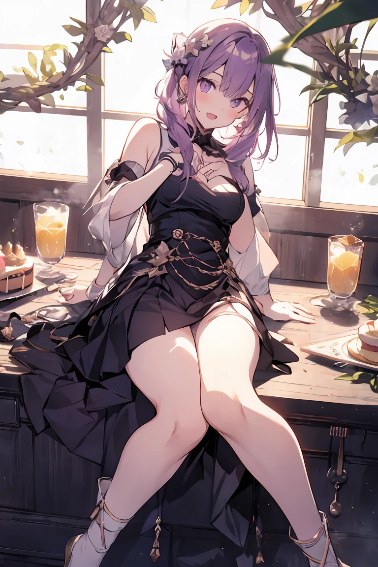 1girl,solo,Animal ears,Cat ears,dress,black,Short sleeve,Purple Eyes,Off-shoulder,white hair,sitting,On the wooden table,blackdress,looking at the audience,Open your mouth,thigh belt,Chokes,Animal ears plush,Knees up,Shoulders,Cat Girl,short hair,neck bell,Short sleeve,blackChokes,bell,Bangs,clavicle,spaghetti strips, Raise your hand、thigh、Knees up、extra ears、sash、blush、Hair between the eyes