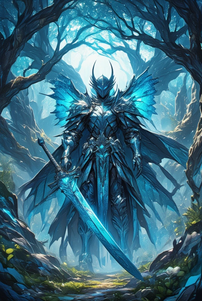 Picture a full-armored warrior poised in an open forest clearing, surrounded by ancient trees whose gnarled branches coil towards the sky like haunting fingers. A shroud of mist weaves through the air, infusing the scene with an eerie, yet enchanting aura. This warrior, sculpted in the vein of "Final Fantasy" aesthetics, sports a translucent cerulean armor that exudes an ethereal glow. Etched with symbols of a lost civilization, the armor mirrors the shifting light patterns of its environment. The knight brandishes a majestic, impossibly long sword that appears forged from crystallized starlight, its surface etched with glowing runes. The forest is alive with shadowy movements, and distant, haunting sounds echo through its depths, suggesting the presence of unseen magical beings. This image should capture the juxtaposition of the warrior’s poised, vigilant posture against the whispering, surreal backdrop of the enchanted woodlands.