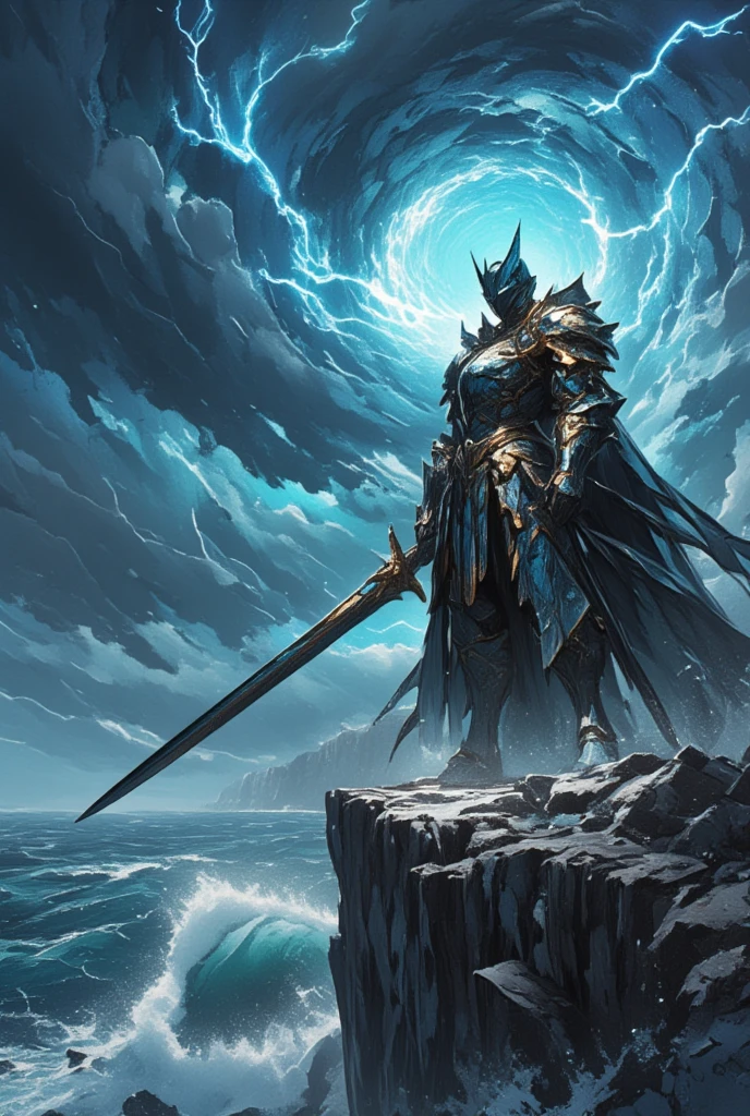 Imagine a formidable knight, their form encased in gleaming obsidian armor accented with gold filigree, standing against the furious backdrop of a storm-laden sky. Positioned dramatically at the precipice of a sheer cliff, waves crash violently against the rocks below, sending up plumes of mist that blend with the storm's rage. This knight, straight from the realms of a "Final Fantasy" saga, holds a legendary sword, its broad blade pulsating with an inward light, as if imbued with the rage of the storm itself. Lightning splits the sky with jagged, brilliant arcs, momentarily illuminating the intricate patterns carved into the knight's helm and breastplate. The scene should convey an epic confrontation with natural forces, the intensity of the tempest mirrored in the warrior’s stance, capturing the viewer’s attention with the heroic and artistry typical of a dark fantasy milieu.