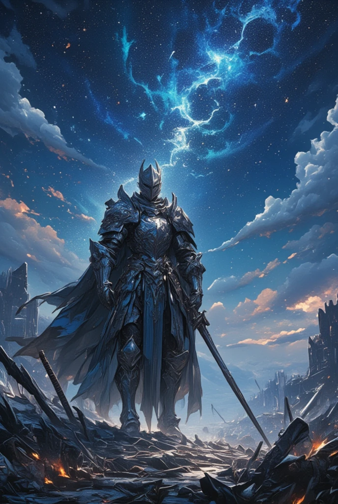 Visualize a battlefield long abandoned, now a haunting landscape under the vast, starlit skies. In this forsaken ground, a lone knight stands amidst the remnants of war—charred weapons and broken armor scattered like ghostly echoes of ancient battles. This solitary figure, inspired by the rich design of "Final Fantasy,” is clad in full body armor, a majestic blend of dark silver and deep midnight hues. The armor reflects the faint celestial light, meticulously crafted with motifs of dragons and stars that resonate with the lore of a forgotten empire. The knight's sword, a massive and ornate relic, stands impaled in the ground beside them, its hilt wrapped in intricately woven leather. The serenity of the star-filled night creates a stark contrast with the somber echoes of past conflicts. This image should evoke a sense of reflection, glory past and enduring legend, conveyed through the weaving of intricate artistry with the mystical allure of a dark fantasy realm.