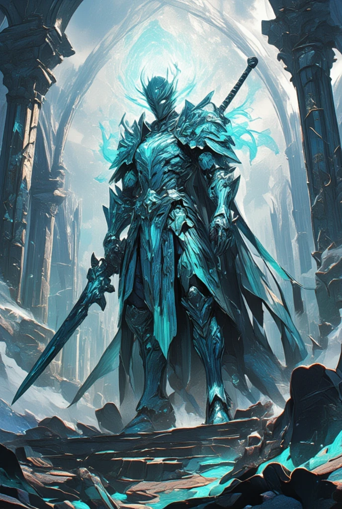 Envision a knight, clad in opal-hued armor that seems to shimmer with otherworldly light, standing amidst the ruins of a once-great civilization. These ruins, often whispered about in "Final Fantasy" lore, stretch towards the horizon in a series of colossal arches and fallen columns, bathed in a pale, ethereal light that sneaks through the cracks in the overcast sky. The knight’s armor, imbued with sacred runes and intricate whorls, seems alive, vibrating subtly in response to an unseen energy that permeates the air. Holding an ancient sword, its blade is forged from an unearthly metal that bends the light, creating illusions of shadow and form in its vicinity. The environment is steeped in shadows and pools of unknown magic linger in the air, creating a place where reality wears thin. The overall vision should be one of striking beauty and ominous mystery, capturing the enchanting, yet perilous feel of a dark fantasy world on the edge of reality.