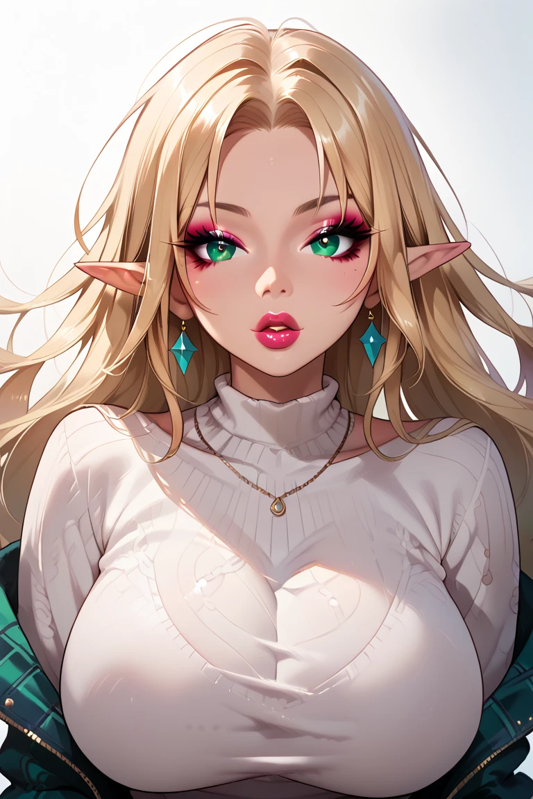 
score_9, score_8_up, score_7_up, 1girl,solo, upper body,looking at viewer, white background, voluminous long blonde hair, elf, makeup , parted lips, lipstick, eyeliner, bimbo, gyaru woman, gigantic breasts, sweater, mint green eyes