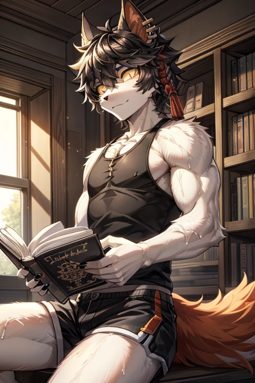 1 man,Wolf Orc,(hairy:1.5),Gray blue fur,blue eyes,,Body hair,literature,Cardigan,shorts,solitary,flat chest,,short hair,Delicate muscle lines,(Thick thighs:0.5),collar,SFW.