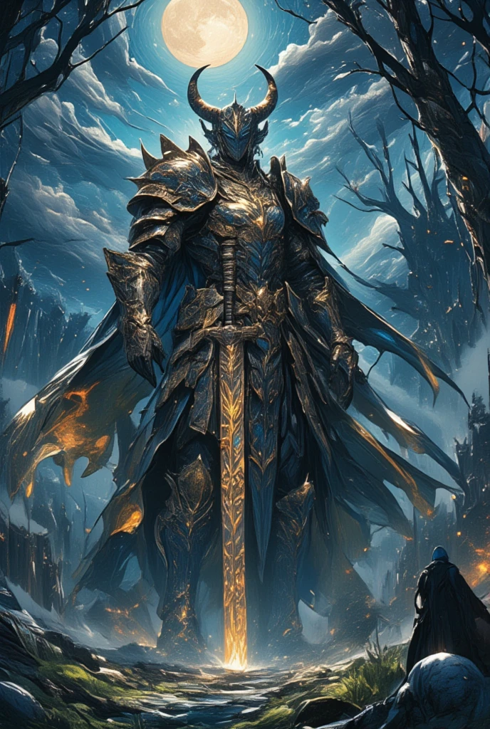 (Create a dynamic illustration capturing a full armor swordsman, heavily inspired by the aesthetics of the Final Fantasy universe. Picture a formidable warrior enveloped in intricately designed, full-body armor. The armor should bear an intricate mix of gothic and medieval influences, with dark, moody color schemes giving it a formidable presence. The helmet should be adorned with decorative horns and intricate mythological motifs, reminiscent of Amano's visionary style. In one hand, the swordsman wields a massive, enchanted sword, its blade etched with glowing runes that pulsate with an eerie, magical aura. The pose should be dynamic and powerful, as if frozen in the midst of a swift strike, with flowing cape and fluttering fabrics that add to the sense of motion. The scene is set in a dark, mysterious fantasy landscape—an ominous forest with twisted trees and shadowy figures lurking in the mist. The sky above is painted with swirling dark clouds, highlighted by thin rays of moonlight that glimmer off the swordsman's armor, highlighting its intricate details and casting dramatic shadows.)