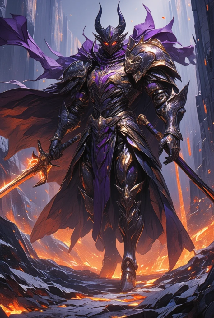 (Imagine a full armored knight with an air of mystery, stepping forward with grace and power, clearly inspired by the enigmatic style of Final Fantasy art. The armor should be a masterpiece of dark fantasy design, merging seamless blends of metallic blacks and deep purples, topped with ornate gold and silver embellishments. The visor of the helmet is shaped like a snarling beast, with glowing red eyes visible behind the eye slits. The knight grasps a uniquely designed two-handed sword, its blade resembling jagged lightning frozen in time, glowing with an inner magic. Position the character mid-swing, as if in battle, capturing the dynamic energy in each metallic joint and flowing cape that billows dramatically in the wake of their movement. The background is a desolate volcanic landscape, with streams of molten lava casting a fiery light that reflects off the polished surfaces of the armor. Volcanic ash falls from the sky, adding a textured layer of depth to the scene.)