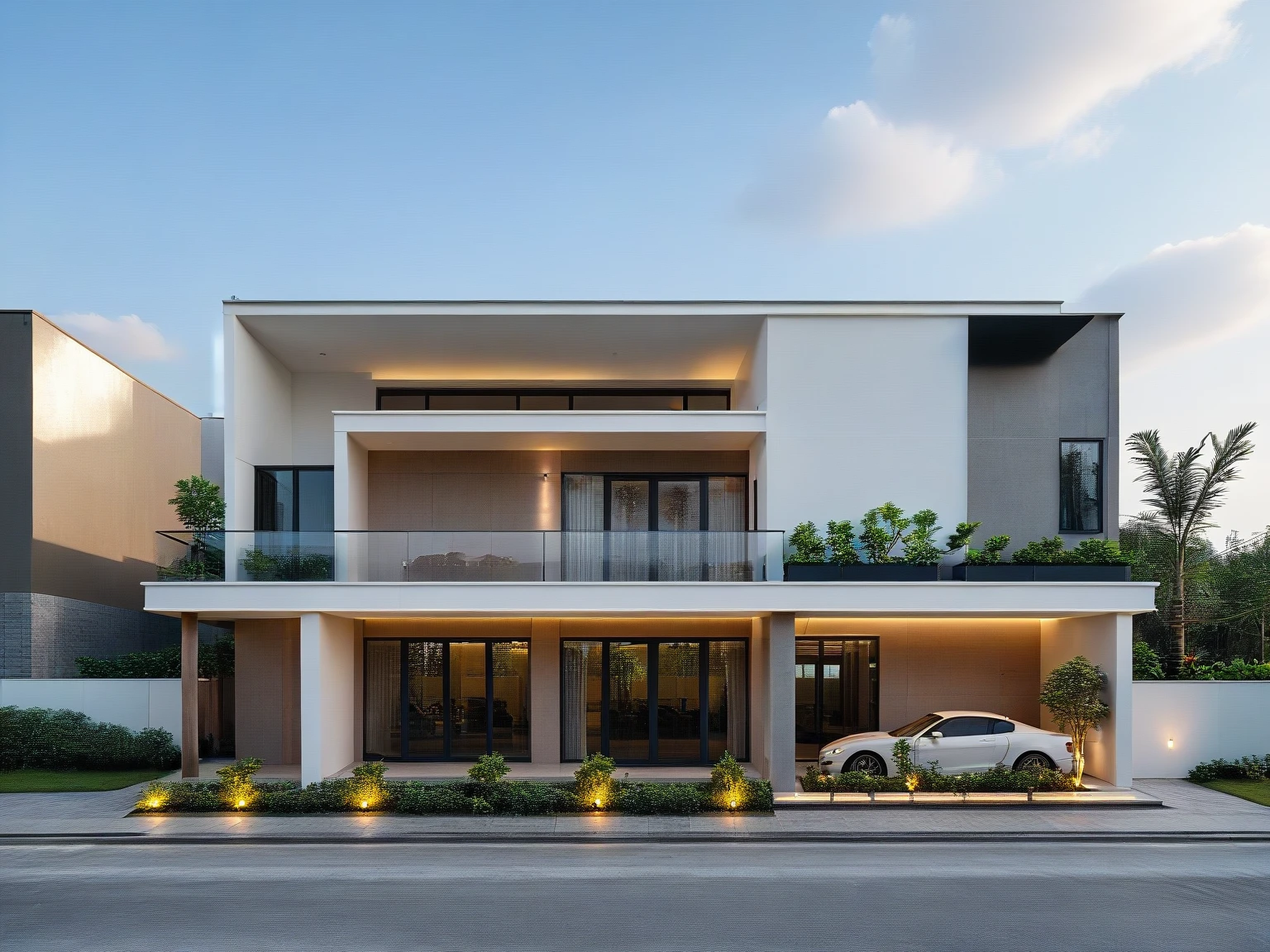 Architectural style Architectural style,  ((Classic Style House)),(masterpiece) , ((best quality)), dramatic lighting, high quality outdoors, sky, day, cloud, tree, blue sky, building, scenery, road, real world location,  sunlight, enough detail, high resolution,super realistic, Photorealistic, highly detailed, balcony, plants, door, car, truck, parking slot, paving, . Clean lines, architectural drawing, highly detailed  , . Clean lines, geometric shapes, minimalist, modern, architectural drawing, highly detailed