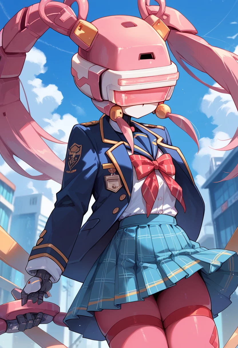 masterpiece, high definition , top quality,8k
(twintails,mechanical girl,mechanical body,mechanical goggle,pink body color,no mouth)
( school uniform, Plaid Mini Skirt ,Navy Blue Blazer)