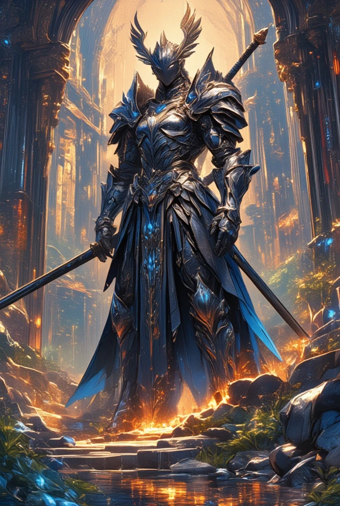 (Conjure an image of a full armored warrior poised in a balanced stance, drawing influence from Amano’s timeless style found in Final Fantasy scenes. The armor's design is exquisite, blending art with functionality—its dark steel surface brushed with silver filigree and studded with fiery sapphires. The helmet's design is sleek, reminiscent of a bird of prey, with metallic feathers fanning out like a crown. In the warrior’s grasp is a legendary sword, its blade perfectly straight and seemingly forged from a starlit night, softly radiating celestial energy. Capture a moment of serene yet intense focus, with every joint and fabric poised for action, inviting viewers to sense the kinetic potential waiting to be unleashed. The background shows a mystical citadel amidst the ethereal glow of evening lights reflected in tranquil waters, woven with shadows and whispers of an ancient world.)