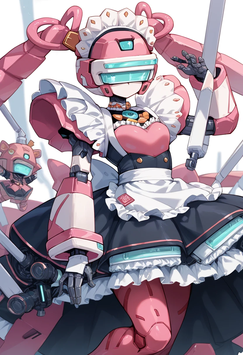 masterpiece, high definition , top quality,8k
(twintails,mechanical girl,mechanical body,mechanical goggle,pink body color,no mouth)
( black maid clothes,White brim)Fly around