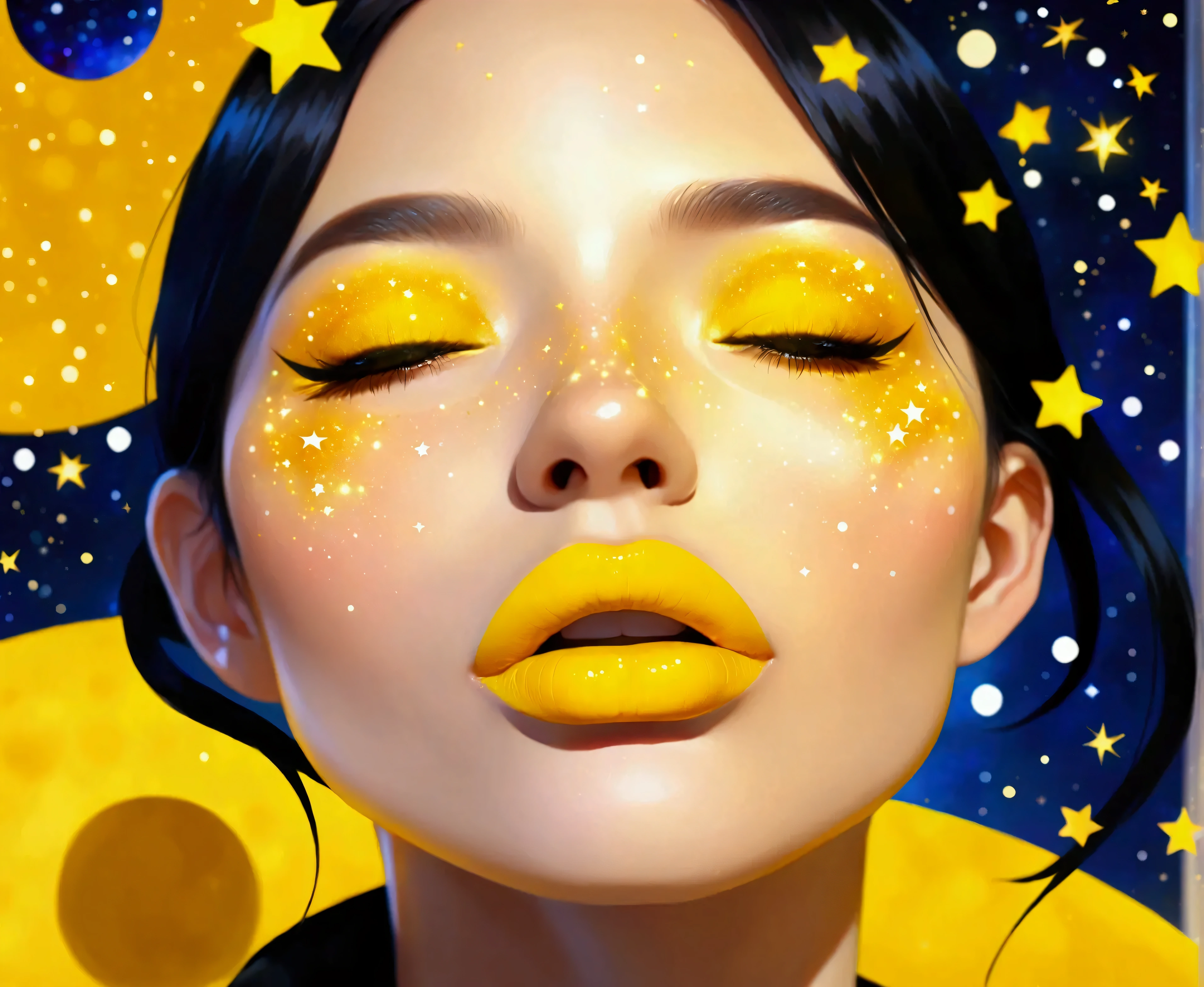 yellow lipstick, yellow lips, outer space, stars, galaxy, white skin, closed mouth, anime style