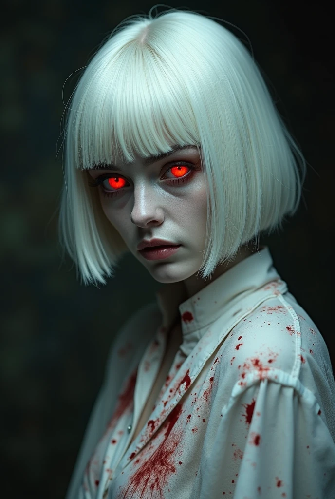 Beautiful white-haired woman with red eyes, pale skin, hermaphrodite, totally naked with her erect penis masturbating and small breasts, uncensored, short hair and with gloomy colors while sucking her own penis with her tongue, taking her semen