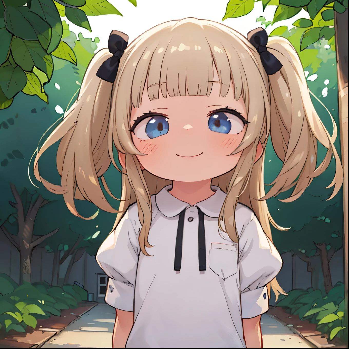 illustration, girl,(1girl) (standing at attention),face, two side up, arms down,(smile:1.1), leaves, (tareme eyes,:1.1),(long hair:1.1),blunt bangs,dark blonde,backlighting,