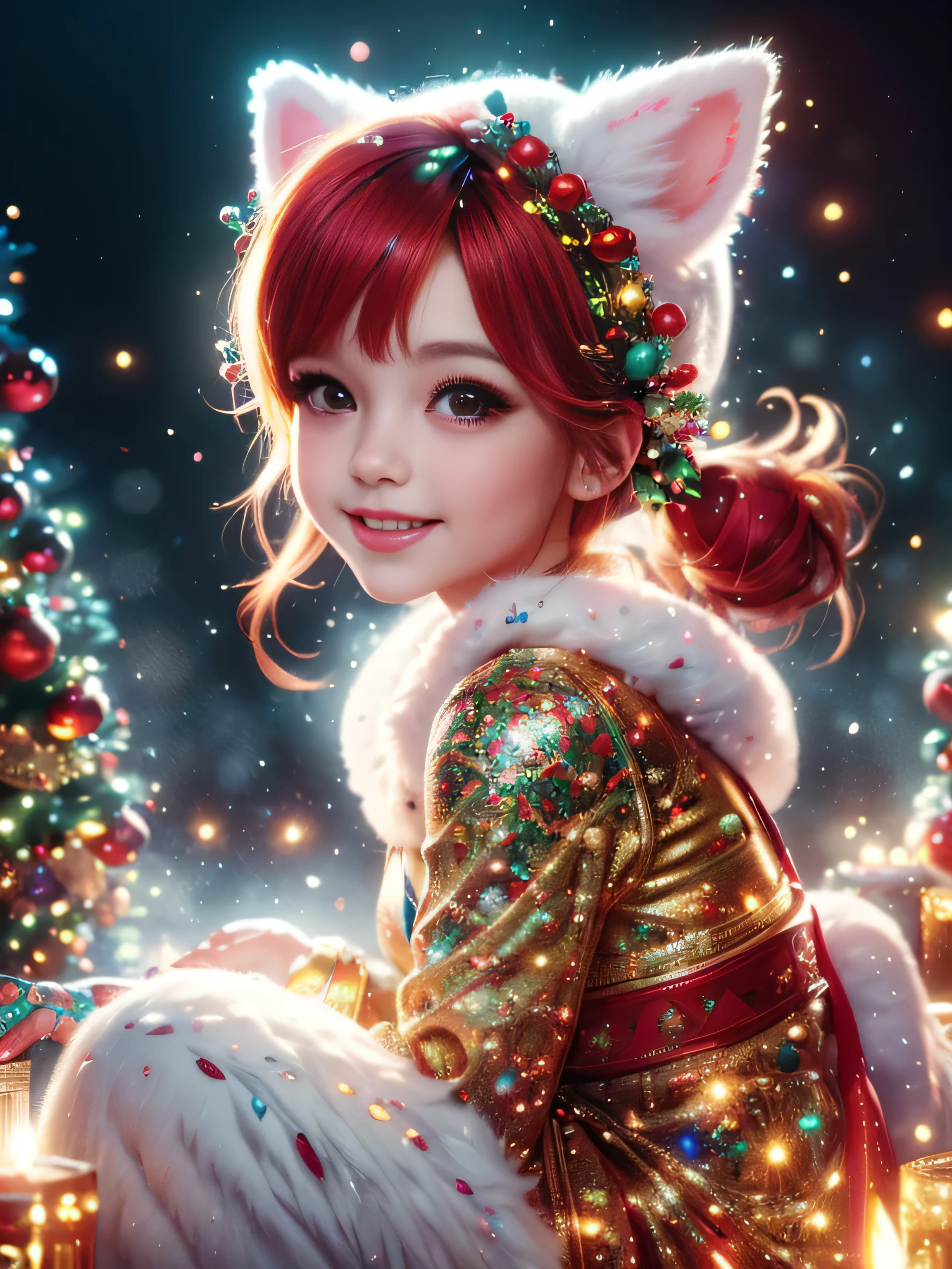 (Best Quality, Super Detail, Masterpiece, Representative Work, Official Art, Professional, Super High Detail, 8k:1.3), (Full Body) Cute girl in fantasy Christmas outfit, face wearing cat ear hat, Beautiful detailed eyes, Beautiful detailed lips, Demonic smile, detailed eyes and face, long eyelashes, Vibrant colors, Red hair, Innocent expressions, Playful features, Intricate Christmas decorations, Glowing garlands, Sparkling ornaments, Natural Lighting, Soft Background, Photorealistic, Shining eyes, Sharp focus, Glowing skin, Cute and mischievous look, Hint of mischief, Dreamy atmosphere, Delicate details, soft volumetric light, (Backlight:1.3), (Cinematic:1.2), Intricate details, (ArtStation:1.3)