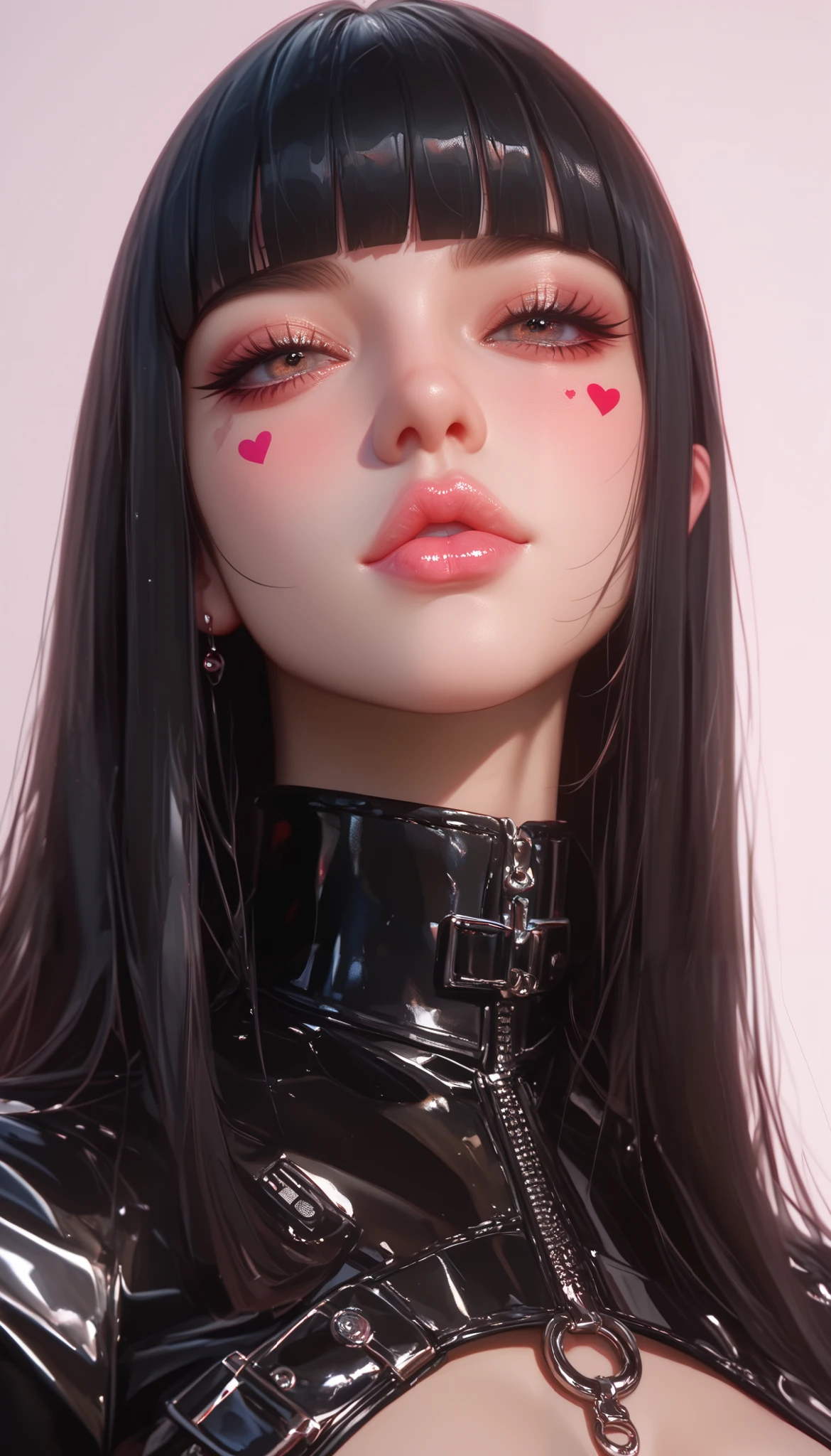 black leather lazing suit with open chest、Thick lips、depression、20 years old、woman、 black hair 、 red cheeks 、 pink lips、 long straight hair、Bob、hime cut、 simple background、