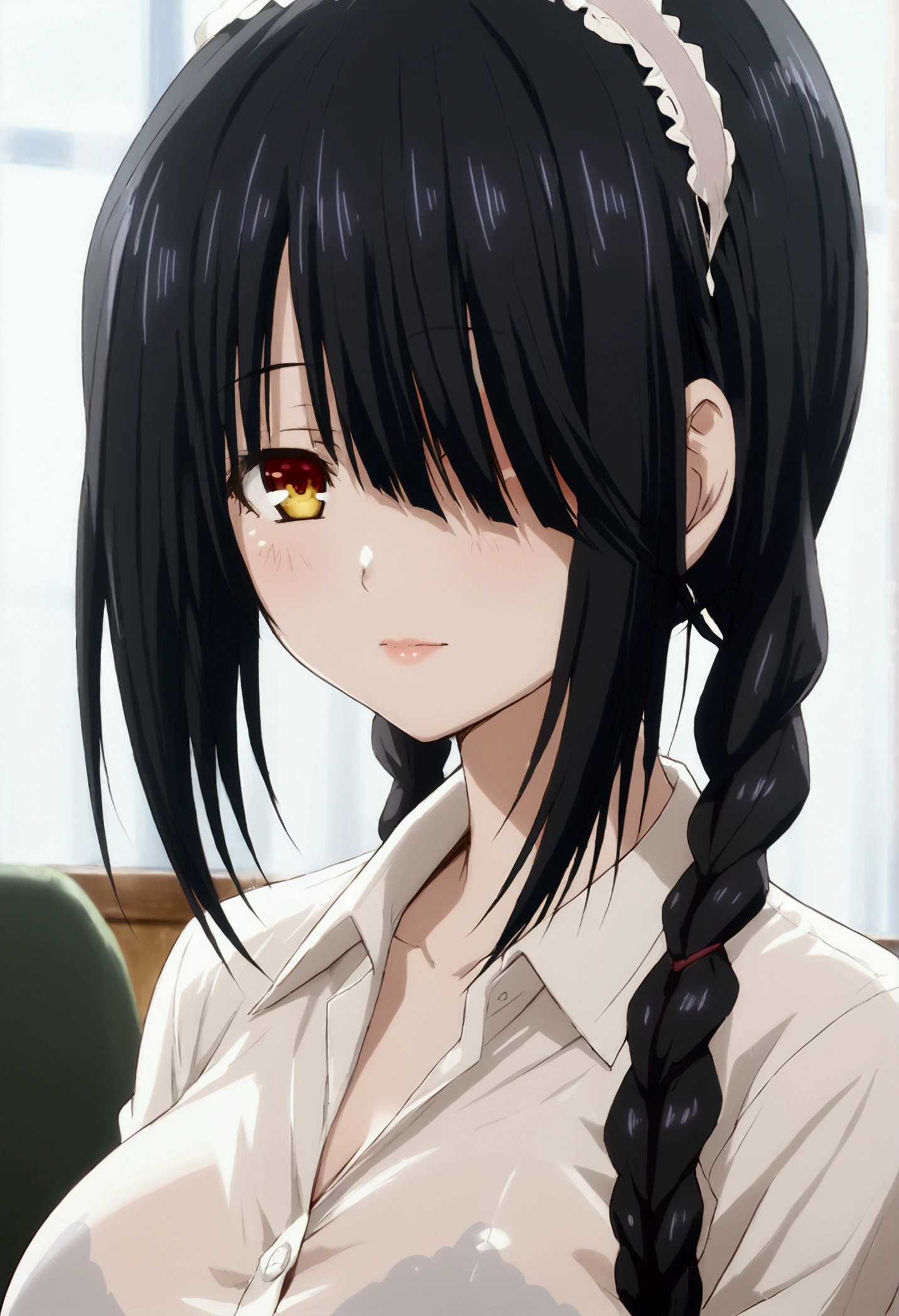 1girl,  tokisaki kurumi,  black hair,  low braids,  hair over one eye ,  big breasts, Ojos rojos 