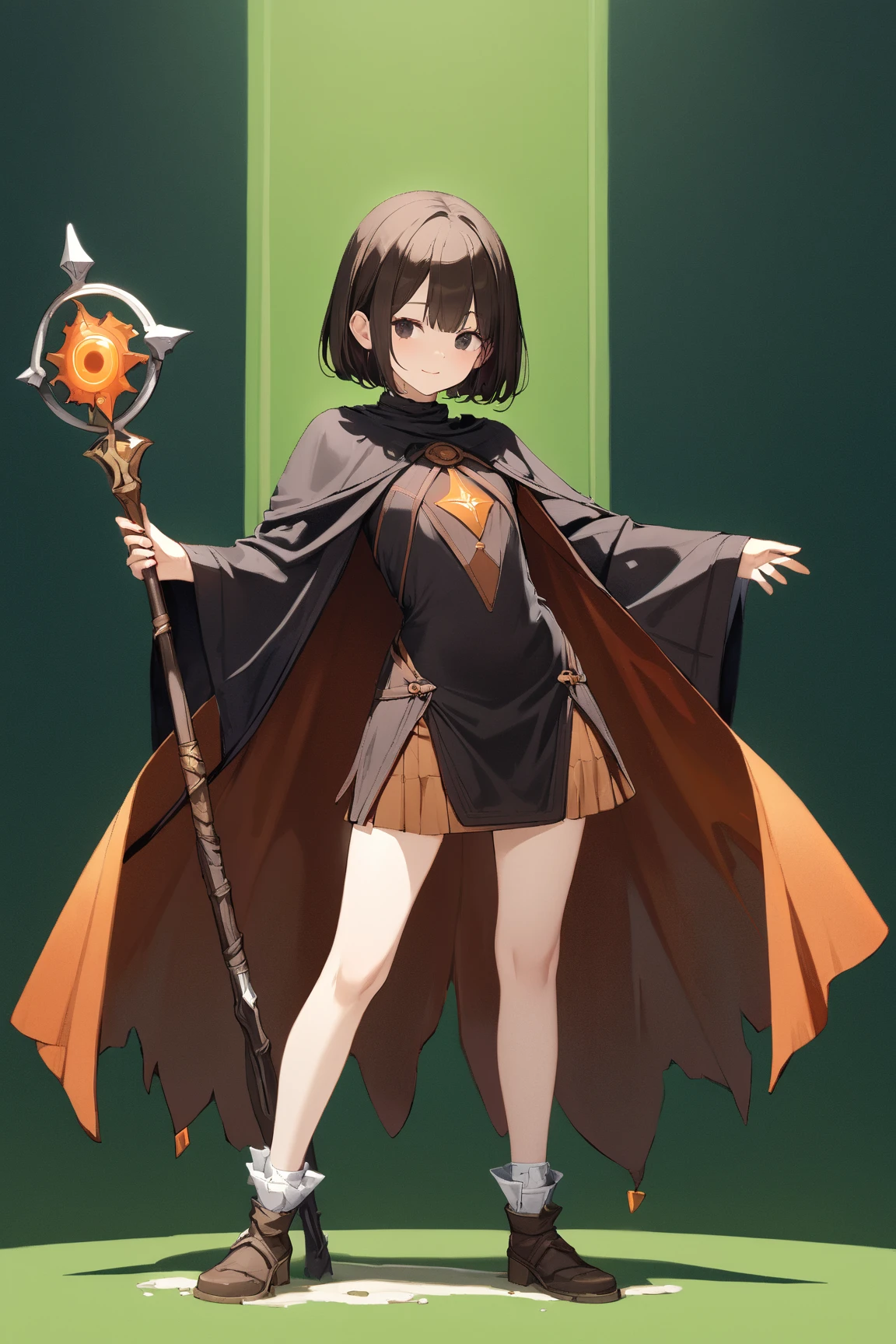 (green background:1.3), No wind, character sprite, Break, 
1 girl, (cute face), Intelligent Look, light smile, , (petite), 150 cm tall,, Standing, feet out of frame, (black short hair, blunt ends), black eyes, (flat chest:1.2), slim, (dark brown Mage Outfit, short length skirt), ankle socks, ankle boots, Mage great staff, (porcelain skin), Break, 
(green background:1.3), No wind, high fantasy, game cg, absurdres,  highres icon, ultra detailed, beautiful, masterpiece, best quality,
