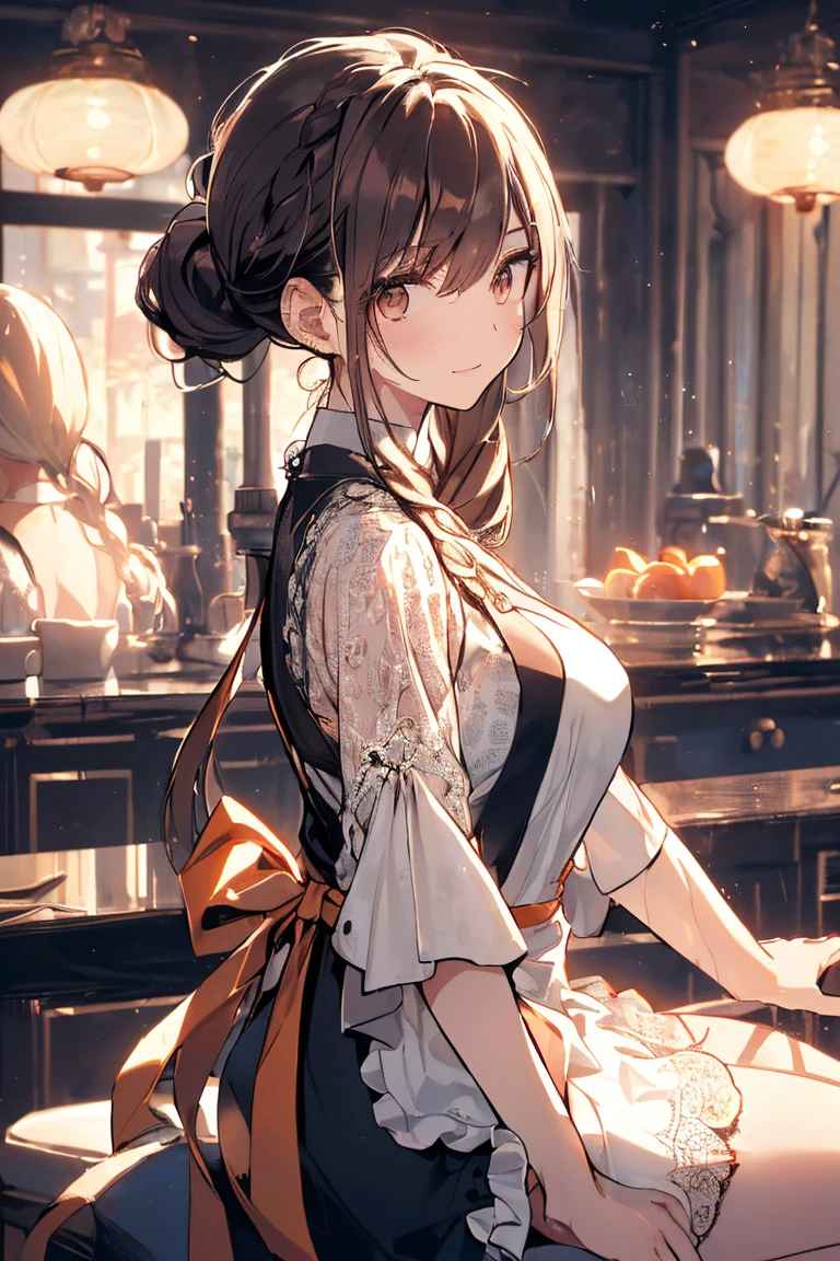 (A masterpiece of image quality in 8K),(Beautiful Allafed Woman),(((emphasizing breasts:1.0))),(Dynamic angles),(Dynamic and sexy bending pose:1.3),(sit a chair:1.3),(Short hair in shiny silver and orange inner colors,large full breasts,Disturbance of clothing due to movement,breast slip,(Ponytail twisted buns adorned with elaborate braids and beads,Braided Setup Fishbone Hair,),(see-through bangs),Huge breasts、(((A white lace apron that shows your bare skin from under your small breasts)))、Blush with embarrassment、Enraptured eyes、A smile that beguiles the viewer、(Look back:1.7)、Look into the photographer,skin glistening with sweat,gazing at viewer,,(Professional Lighting),(8K,masutepiece,top-quality,Ultra-high resolution output image,),(Ultra HD with complex detail image modes),depth of fields,Beautiful hands,Beautiful fingers,Detailed finger features,(Detailed hair features:1.7),detailed facial features,detailed clothes features, (perky chest:1.1), (pointed chest:1.3), looking at viewer,
