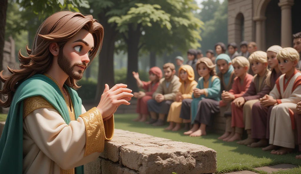 A highly detailed, 3D-rendered cartoon scene of a man resembling Jesus Christ, with long brown hair, a warm expression, and brown eyes, wearing a white robe and green shawl. He is speaking to a crowd of people seated in an ancient stone amphitheater surrounded by greenery. The crowd consists of men and women dressed in traditional ancient Middle Eastern attire, with realistic facial expressions, soft lighting, and a peaceful atmosphere. The image is vibrant and expressive, with attention to detail in textures and natural surroundings