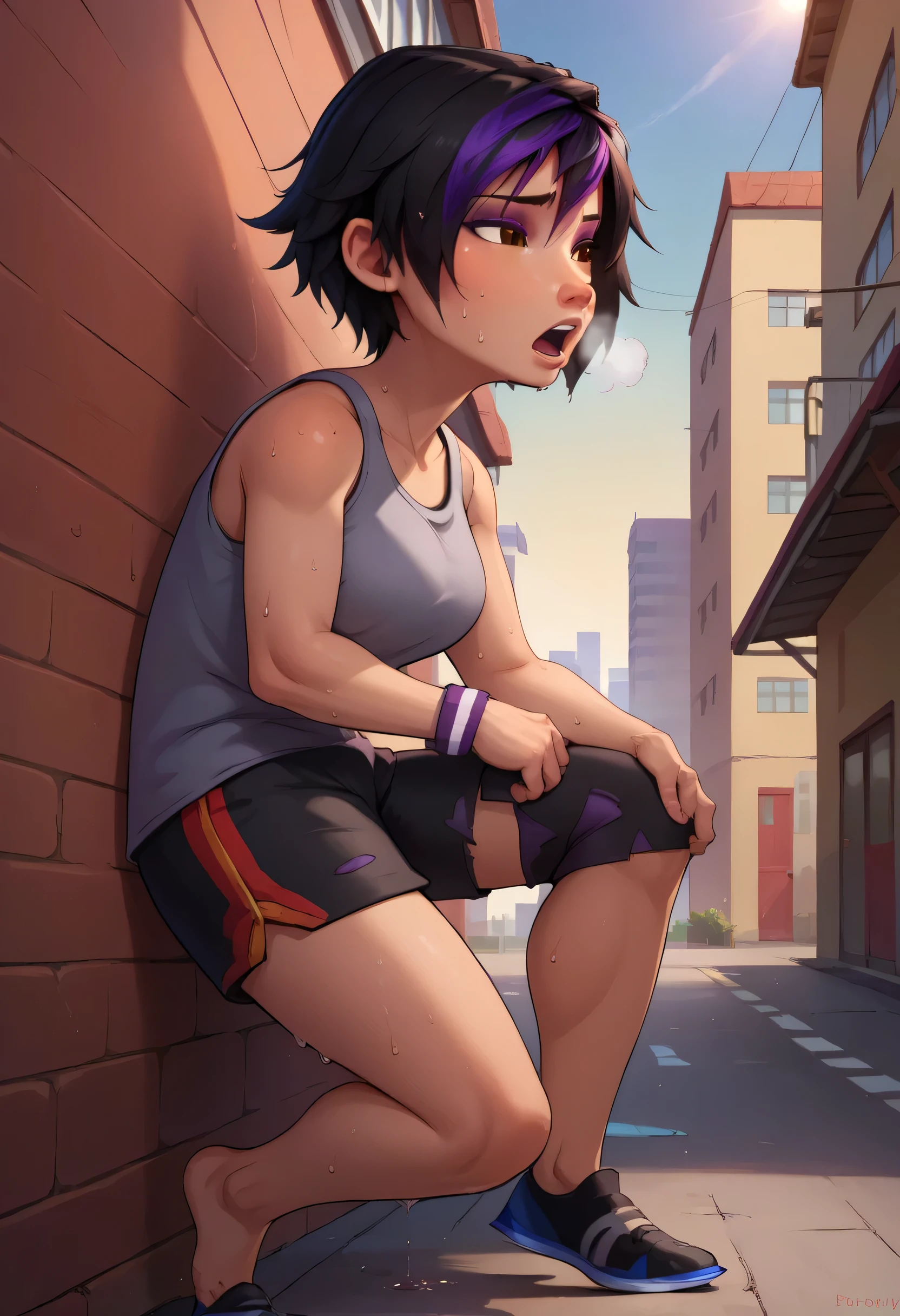 score_9, score_8_up, score_7_up, BREAK,gogotomago, 1girl, solo, short hair, black hair, jewelry, lo purple hair, bracelet, makeup, casual, cowboy shot, brown eyes, looking at the ground, large breasts,outdoors,city, hands on knees, grey tanktop, sweaty, black shorts, extausted, open mouth, dripping sweat, sweating purfusly, chin sweating, arms sweaty, breathing, steam coming out her mouth, side view, full body