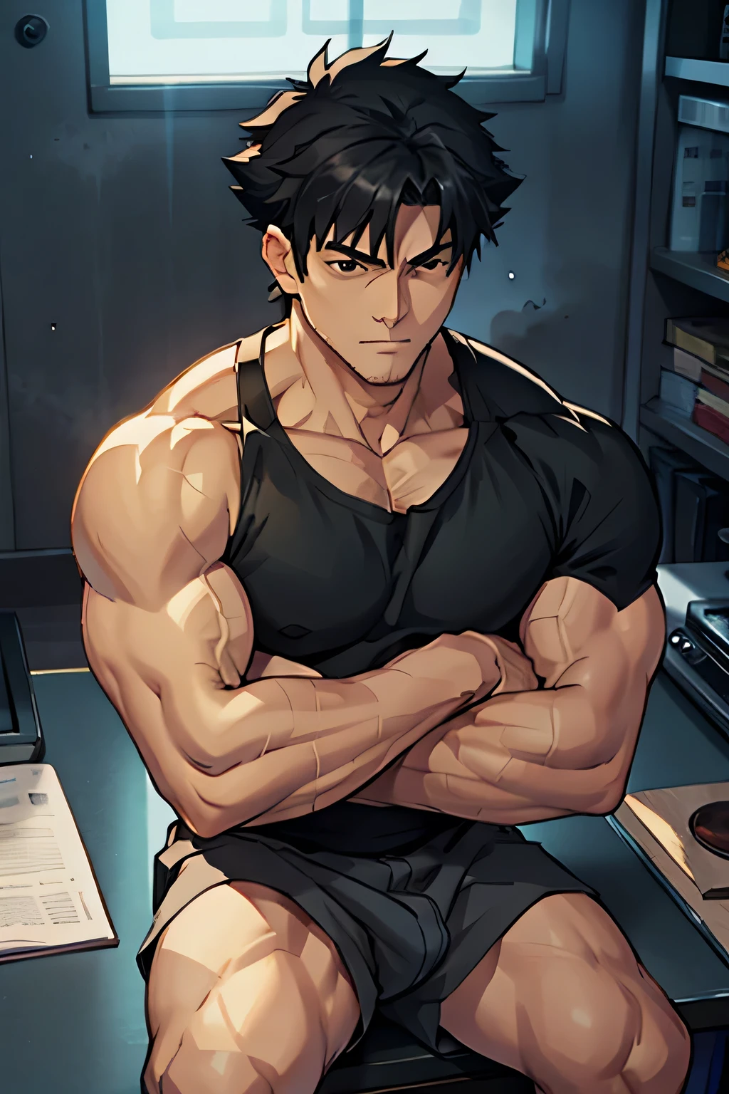 Kiritsugu is sitting and flexing his thighs. He is wearing a black tanktop. The right sleeve of his boxers is completely rolled up, so you can see his entire thigh. He wears black short boxershorts. You can see his thighs completely. He has a huge bulge. He is admiring his arms by touching them. His arms are full of visible huge thick veins.