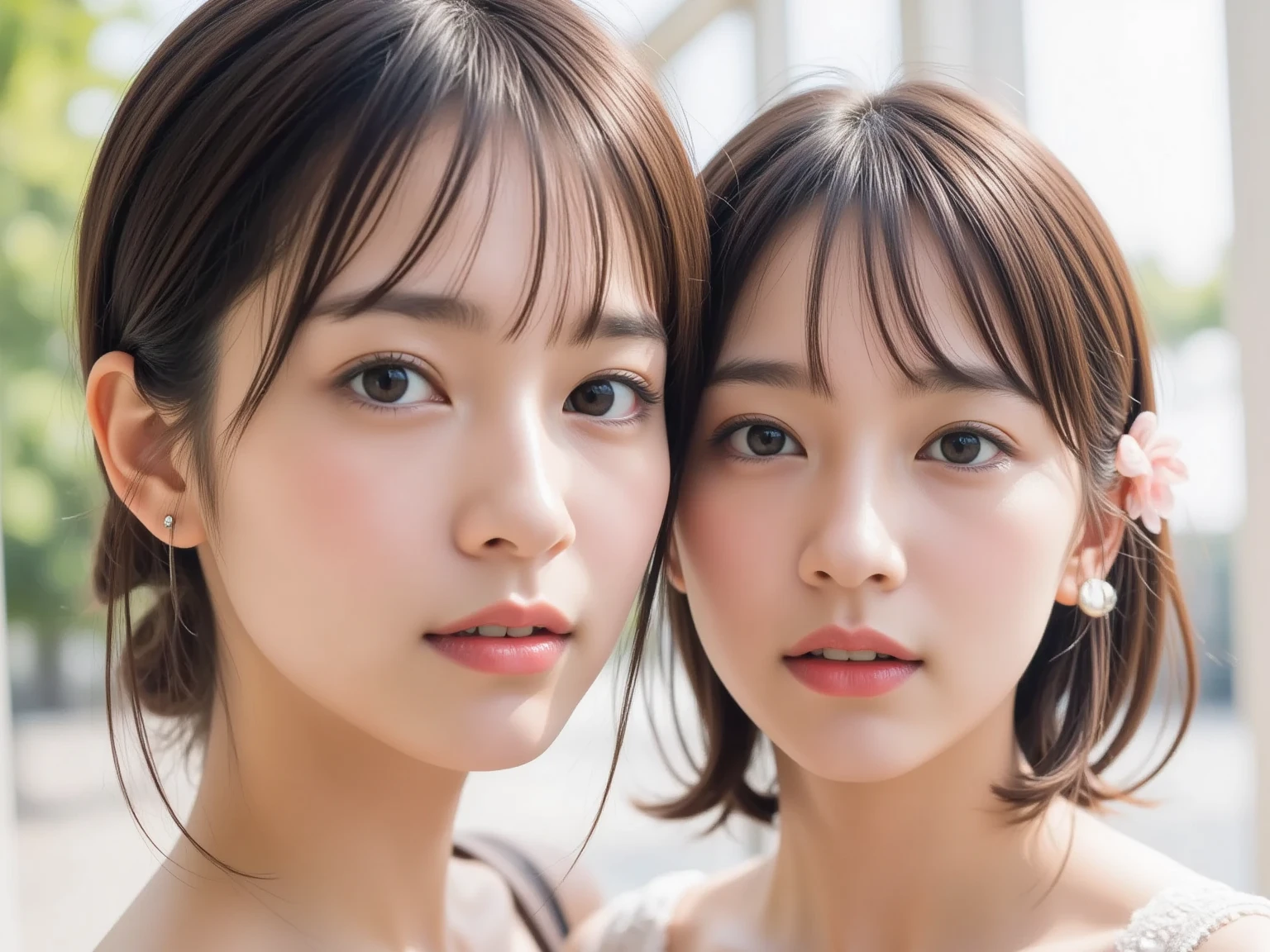 8K、15 and 1４Two beautiful girls of the year,Rembrandt Lighting,(Photorealistic:1.2), (Highest quality), (Detailed skin:1.3), (Intricate details), Ray Tracing,Two Girls,Baby Face and Rin々Funny face, In detail,real，RAW Photos & Realistic atmosphere,、,Detailed lips、Beautiful, shining lips, Detailed face、Cheek to cheek， Strong winds (Highest quality,masterpiece:1.3,Ultra-high resolution),(Very detailed,Caustics,8K),(Realistic:1.4,RAW shooting), In detail,real，Scattered beneath the surface,(blush:0.5), Detailed skin texture,Japanese,cute,Black long and short hair,Japan style clothing，Looking at the camera,Collarbone Bare Skin,Shoulder Bare Skin,(Face Focus:1.1),(Face close-up:1.1),Sunset,Natural light