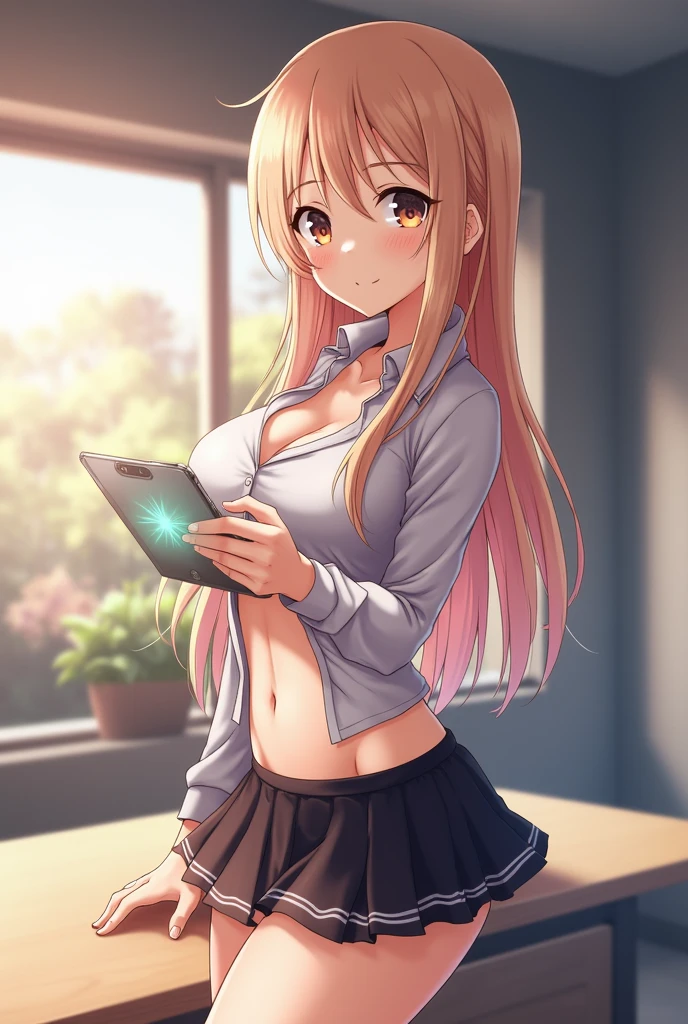 (Highres), (Detailed Illustration), Ultra-Detailed, Realistic Shadows, Digital Art, Soft Light, Detailed Face, (Detailed Hair:1.2), Dim Lighting, Indirect Lighting, Reflections, Detailed Face, (Detailed Hair:1.2),(1girls:1.4), upper body shot,green bow, blonde hair, long hair, blush, medium breasts,keyboard (computer), arms up, open jacket, short shorts, open clothes, chair, black shorts, cleavage, green jacket, smile, monitor, looking at viewer, long sleeves, blush, thighs, hood, bangs, :d, computer, collarbone, mouse (computer), indoors, orange shirt,(( school background )), table, <lora:add_detail:1>,<lora:Reika_LoRA:0.8>, (masterpiece,best quality:1.5)
