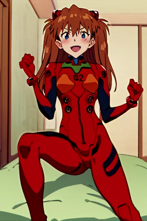 (( top quality)), ((masterpiece)), (be familiar with),  perfect face, indoor, bedroom,  viewer,
One woman,  Soryu Asuka Langley,
 open mouth,  ecstatic expression with hands in front of body, blush, smile,
 small tits,  flat chested, Young girl, Lori,  s,  girl,
 long hair,  twin tails,
Leg spread,