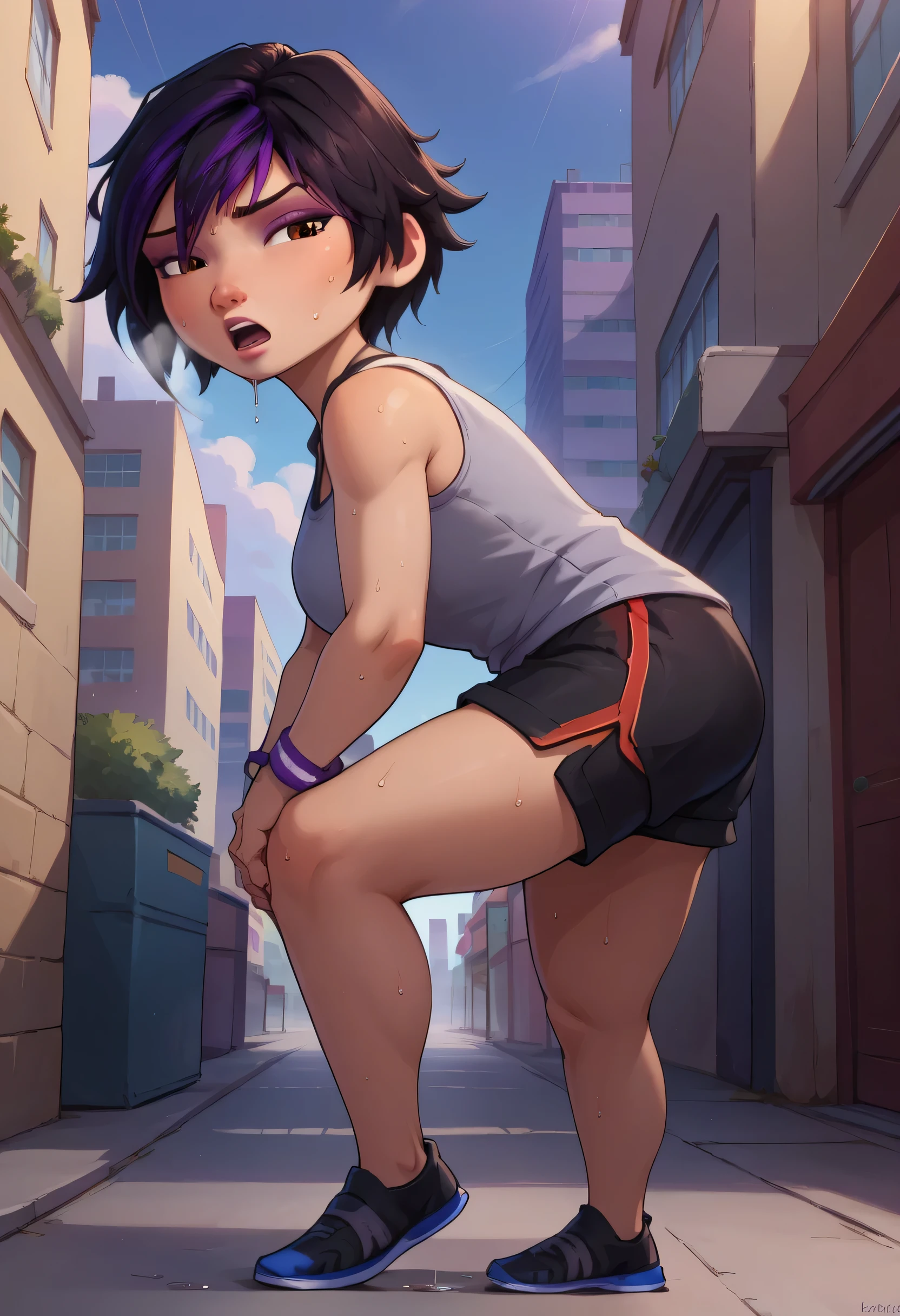 score_9, score_8_up, score_7_up, BREAK,gogotomago, 1girl, solo, short hair, black hair, jewelry, lo purple hair, bracelet, makeup, casual, cowboy shot, brown eyes, looking at the ground, large breasts,outdoors,city, hands on knees, grey tanktop, sweaty, black shorts, extausted, open mouth, dripping sweat, sweating purfusly, chin sweating, arms sweaty, breathing, steam coming out her mouth, side view, full body, bending over