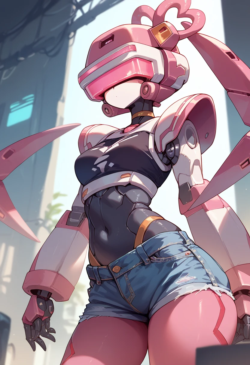 masterpiece, high definition , top quality,8k
(twintails,mechanical girl,mechanical body,mechanical goggle,pink body color,no mouth)
( Black Crop Top, Denim Shorts ,Belly button)