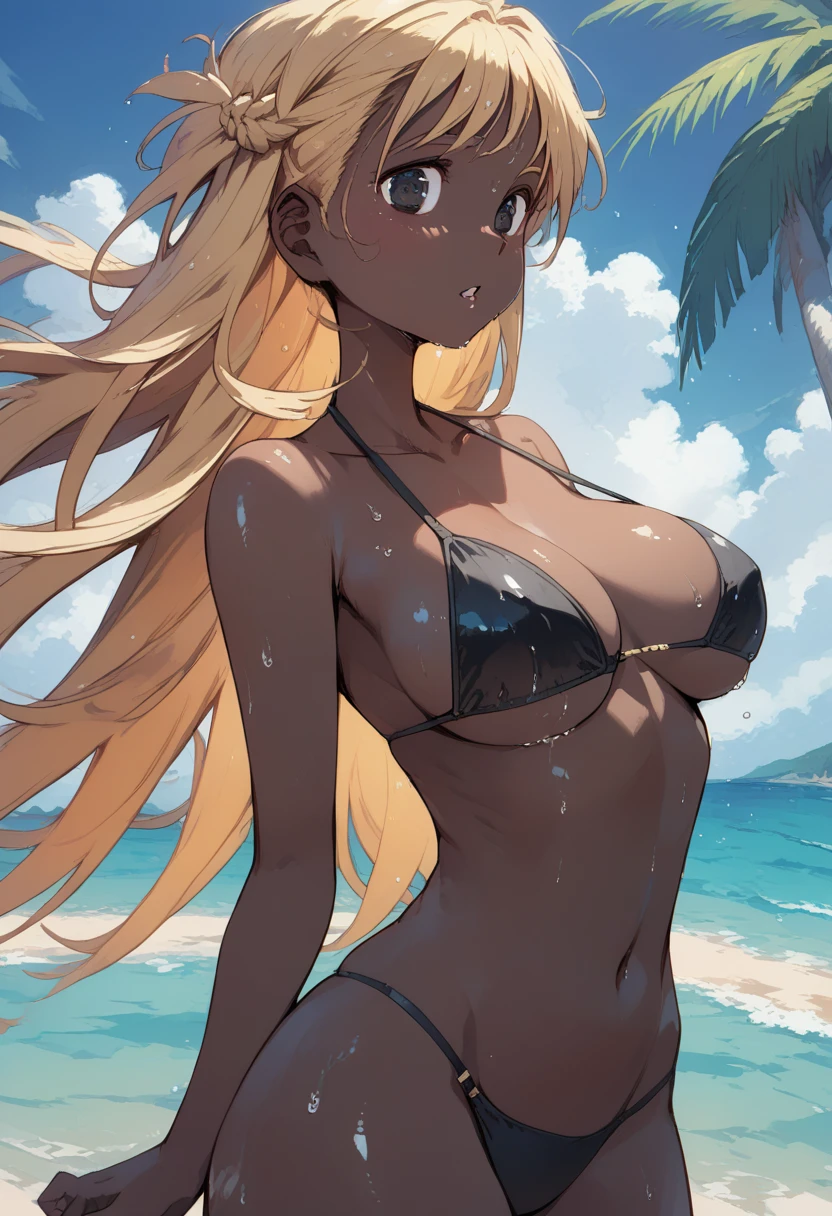 pt, beach , black bikini,2Girl,Sprinting, wet and shiny skin,Wet and luscious naked,Shiny nudes, vibrant colors,primary color,dark skin color,casual blonde long hair,Bullish expression,High school girl gal,I don't braid my hair, two girls with black skin,Tree Eyes,they both have black skin 