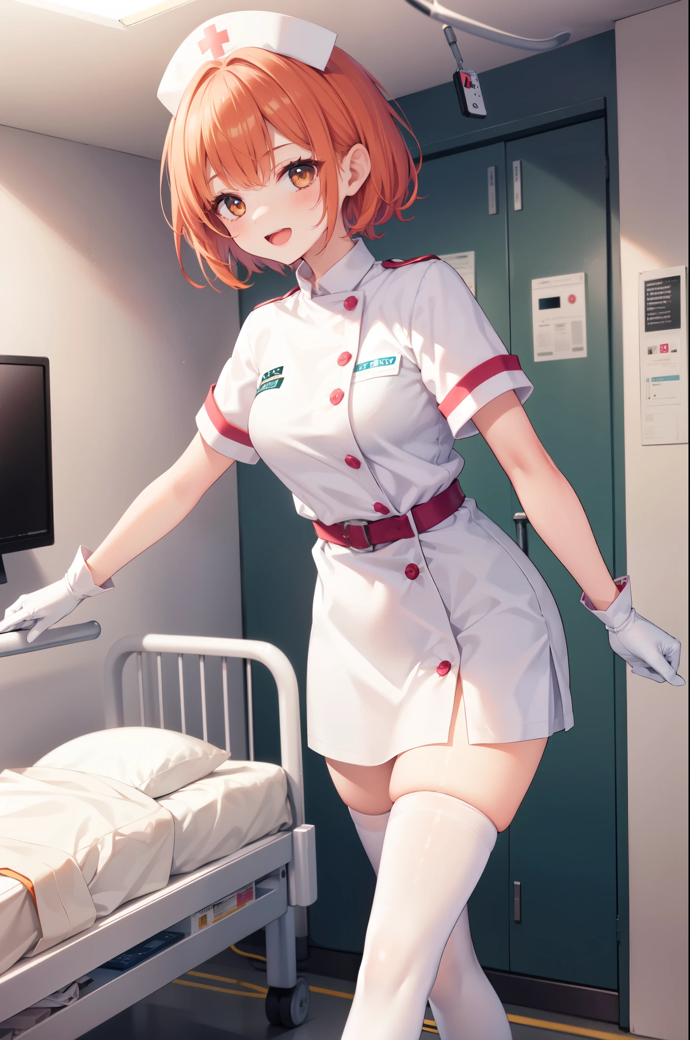 1boy, solo, male focus, nurse, nurse cap, white wear, ((white legwear, zettai ryouiki)), white gloves, short hair, orange hair, smile, open mouth, standing, ((hospital room)), sharp outline, short sleeves, shota, , best quality, masterpiece