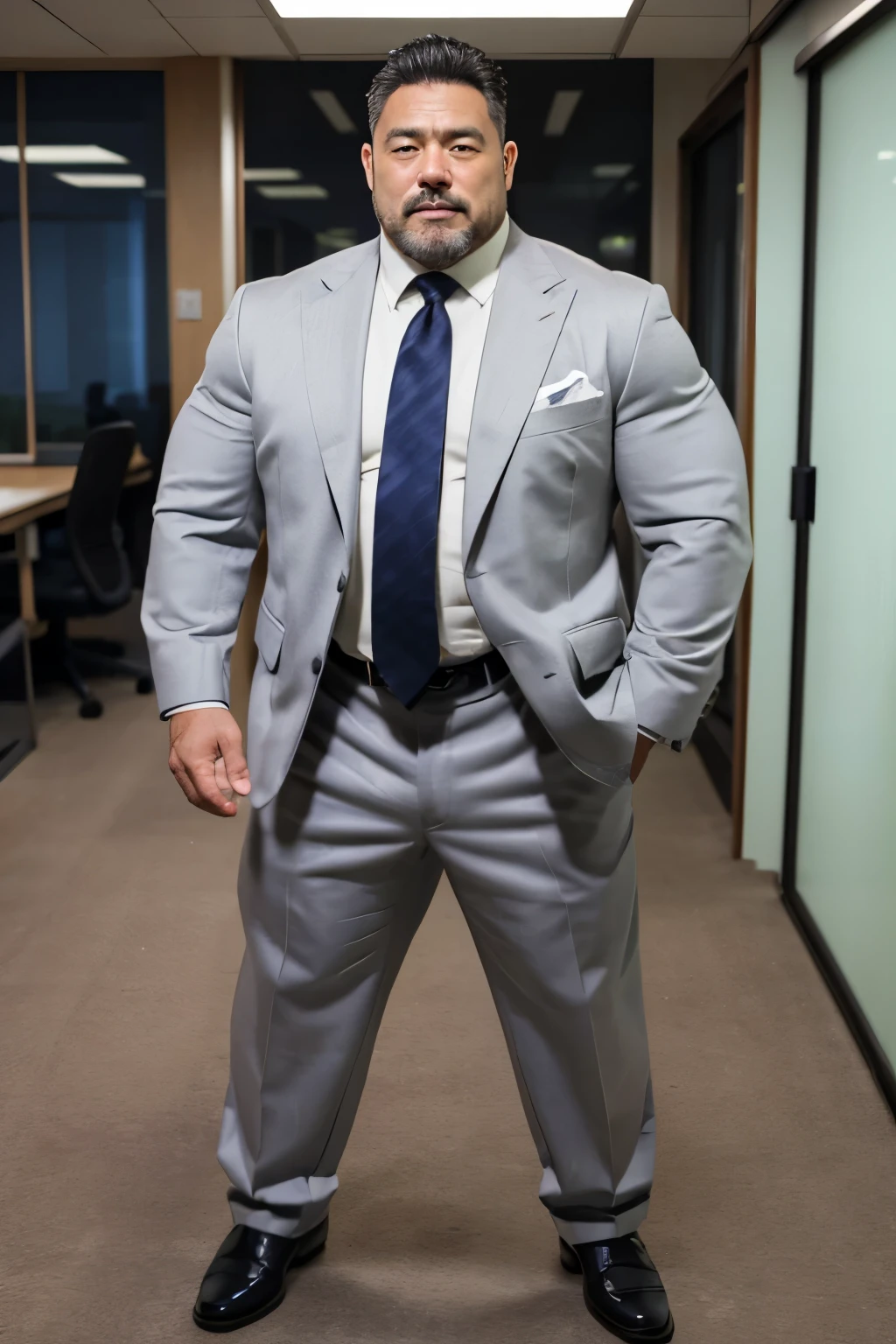 (upper body),Japanese male, solo, Fat muscler Japanese man in a white suit, whole body,look at viewer, in the office, Thick legs, shy expression,Thick arms, Very short grey hair, Very short grey goatee, Grey jacket, Grey trousers, Long trousers,Black enamel loafer, Tight suspension, light purple tie, tight shirt, Huge nice bulge, Shirt tucked into pants, A very good rugby player, 60 years old, Grey jacket and trousers, fatty muscler body, Good rugby player, big bluge, grey hair,realistic