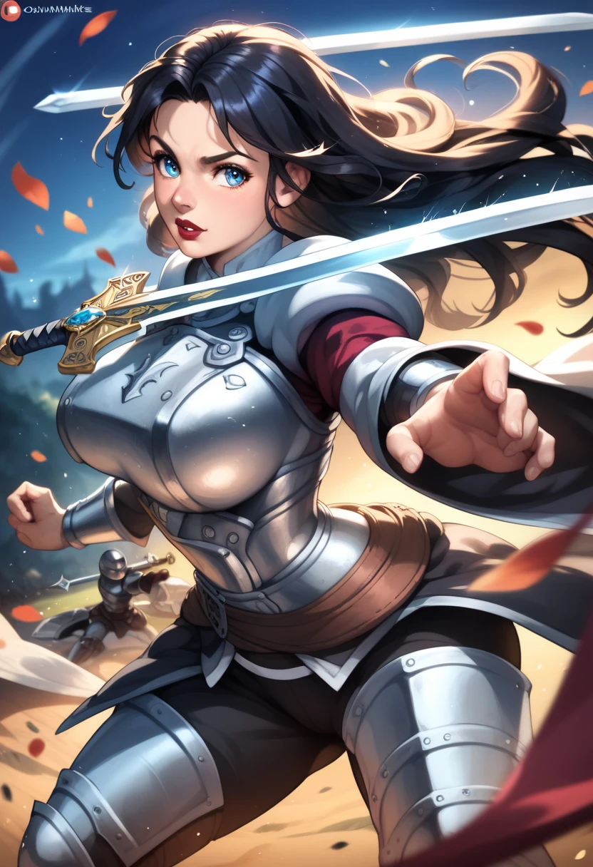 High quality, high resolution, masterpiece, 1 girl, beautiful, armor, gorgeous ice blue eyes, long wavy black hair, plump red lips, slim, slim waist, big breasts, wide hips, big butt, curvy, knight, (cool sword: 1.2 ), shield, badass, cool, awesome art, calm, (cool pose with the sword in her hand: 1.5 ), battlefield, night, fighting enimies, winning, sword in her hand
