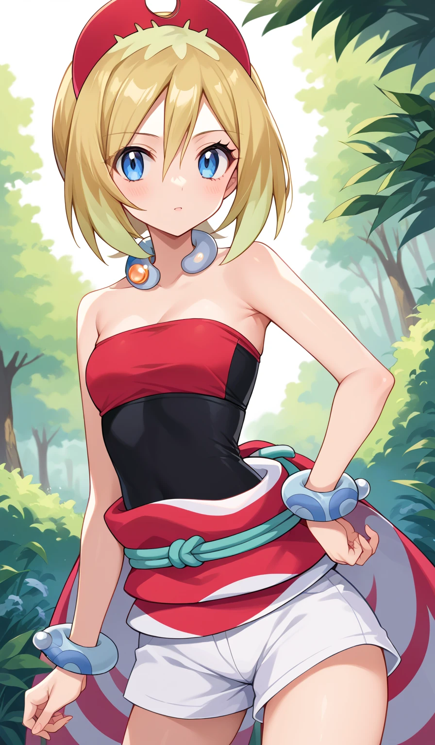 score_9, score_8_up, score_7_up, source_anime,a
pokemonirida, pokemonirida, blonde hair, blue eyes, hair between eyes, medium hair,
bracelet, hat, jewelry, neck ring, red headwear, red shirt, sash, shirt, shorts, strapless, strapless shirt, waist cape, white shorts,
outdoors, nature,
looking at viewer, cowboy shot, dutch angle,