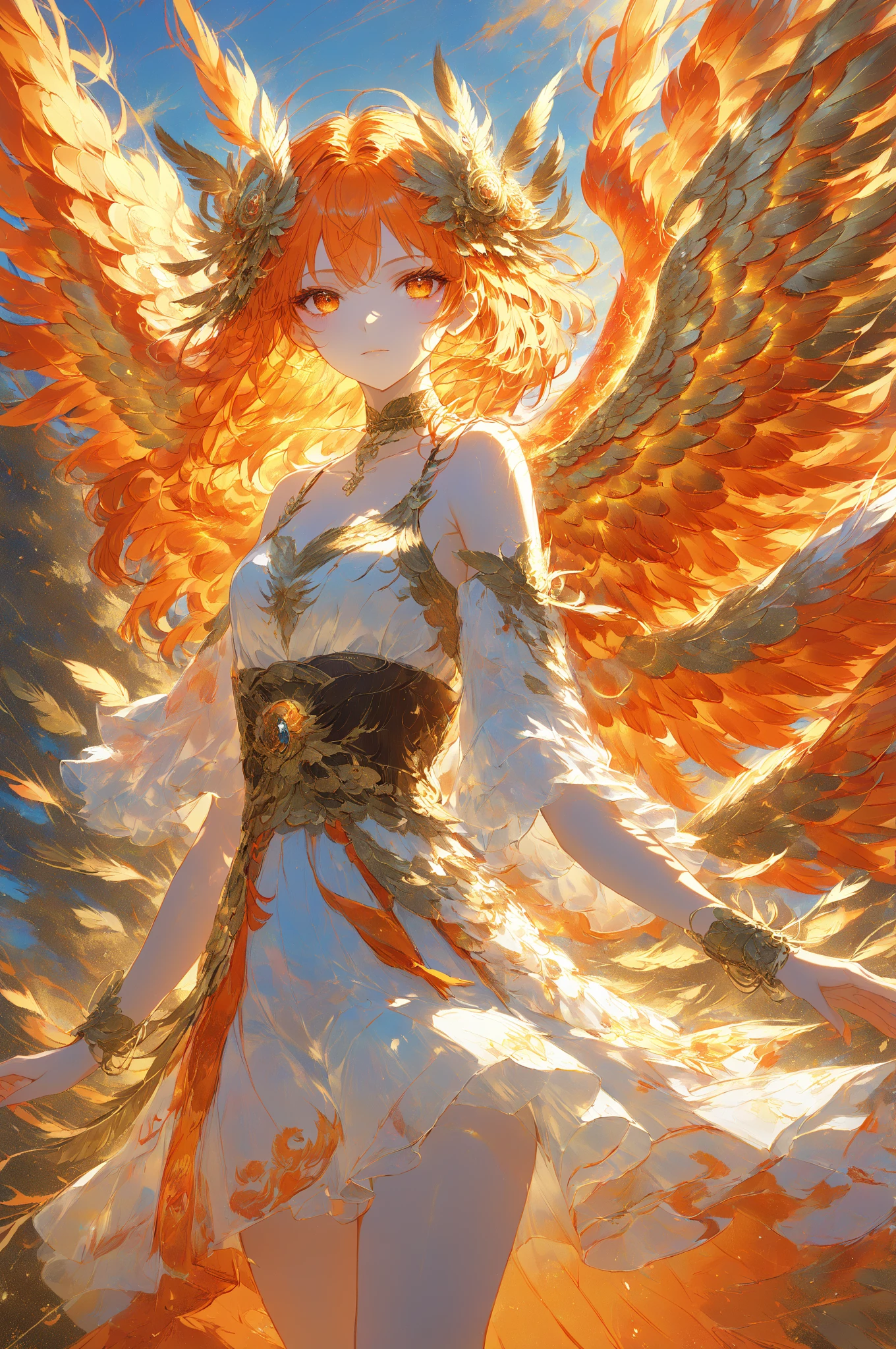 Masterpiece, high quality, high resolution, 16K, highly detailed background, digital painting, unreal engine, Makoto Shinkai illustration, hyperrealistic, fantasy, petite girl, A radiant phoenix with golden feathers, beautiful face, beautiful skin, long eyelashes, beautiful eyes, beautiful legs, full body, orange hair, messy hair, red tips, golden eyes, fair skin, flame pattern on hands and arms, tank top and skirt, white and orange based clothing, transparent material, choker, no expression, burning Sunset, dynamic angles