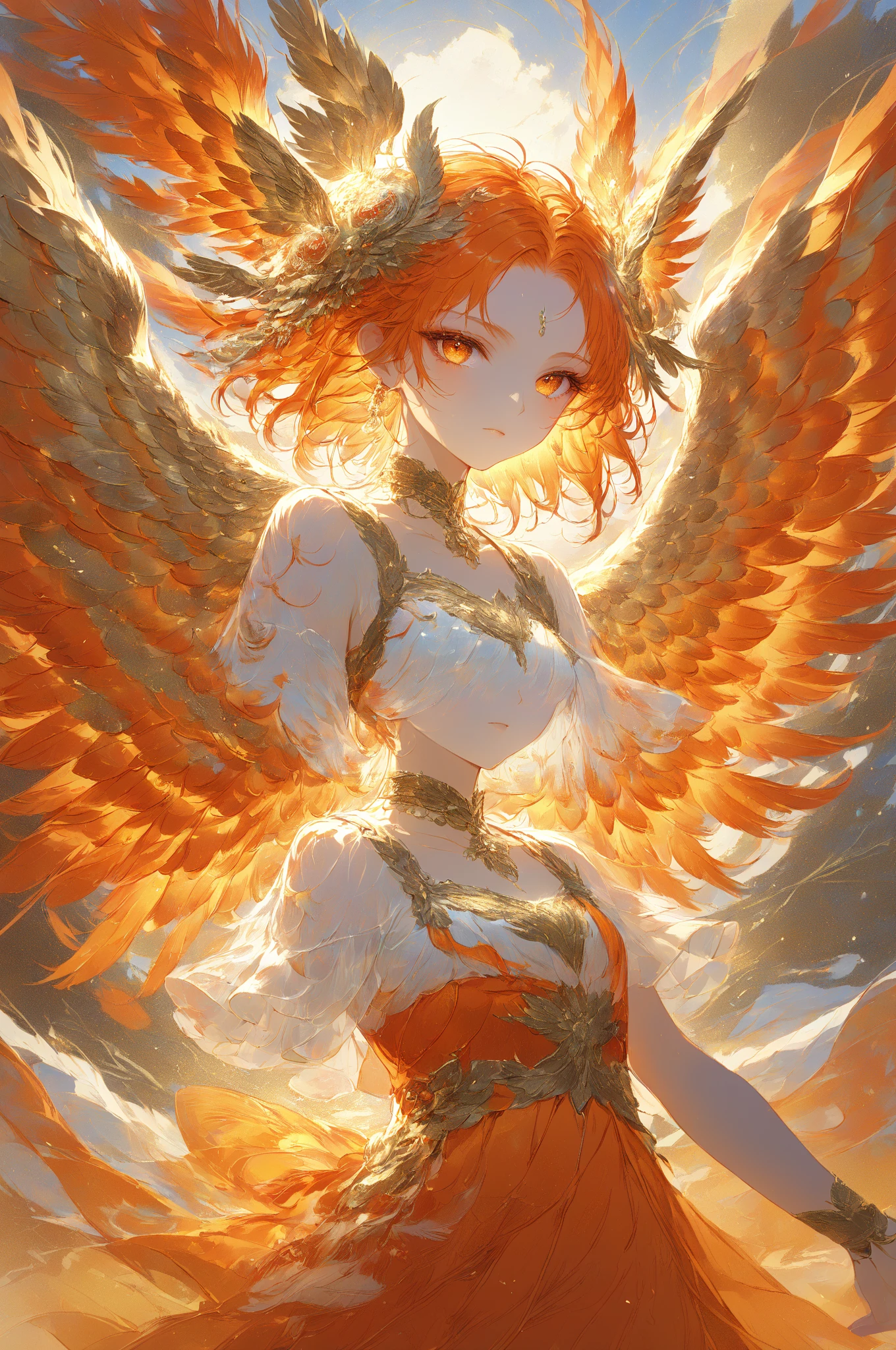 Masterpiece, high quality, high resolution, 16K, highly detailed background, digital painting, unreal engine, Makoto Shinkai illustration, hyperrealistic, fantasy, petite girl, A radiant phoenix with golden feathers, beautiful face, beautiful skin, long eyelashes, beautiful eyes, beautiful legs, full body, orange hair, messy hair, red tips, golden eyes, fair skin, flame pattern on hands and arms, tank top and skirt, white and orange based clothing, transparent material, choker, no expression, burning Sunset, dynamic angles