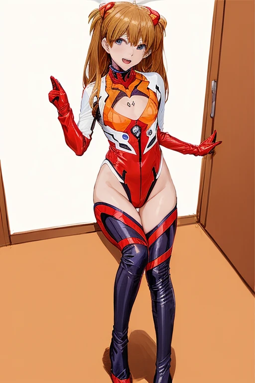 (( top quality)), ((masterpiece)), (be familiar with),  perfect face, indoor, bedroom,  viewer,
One woman,  Soryu Asuka Langley,
 open mouth,  ecstatic expression with hands in front of body, blush, smile,
 small tits,  flat chested, Young girl, Lori,  s,  girl,
 long hair,  twin tails,
Leg spread,