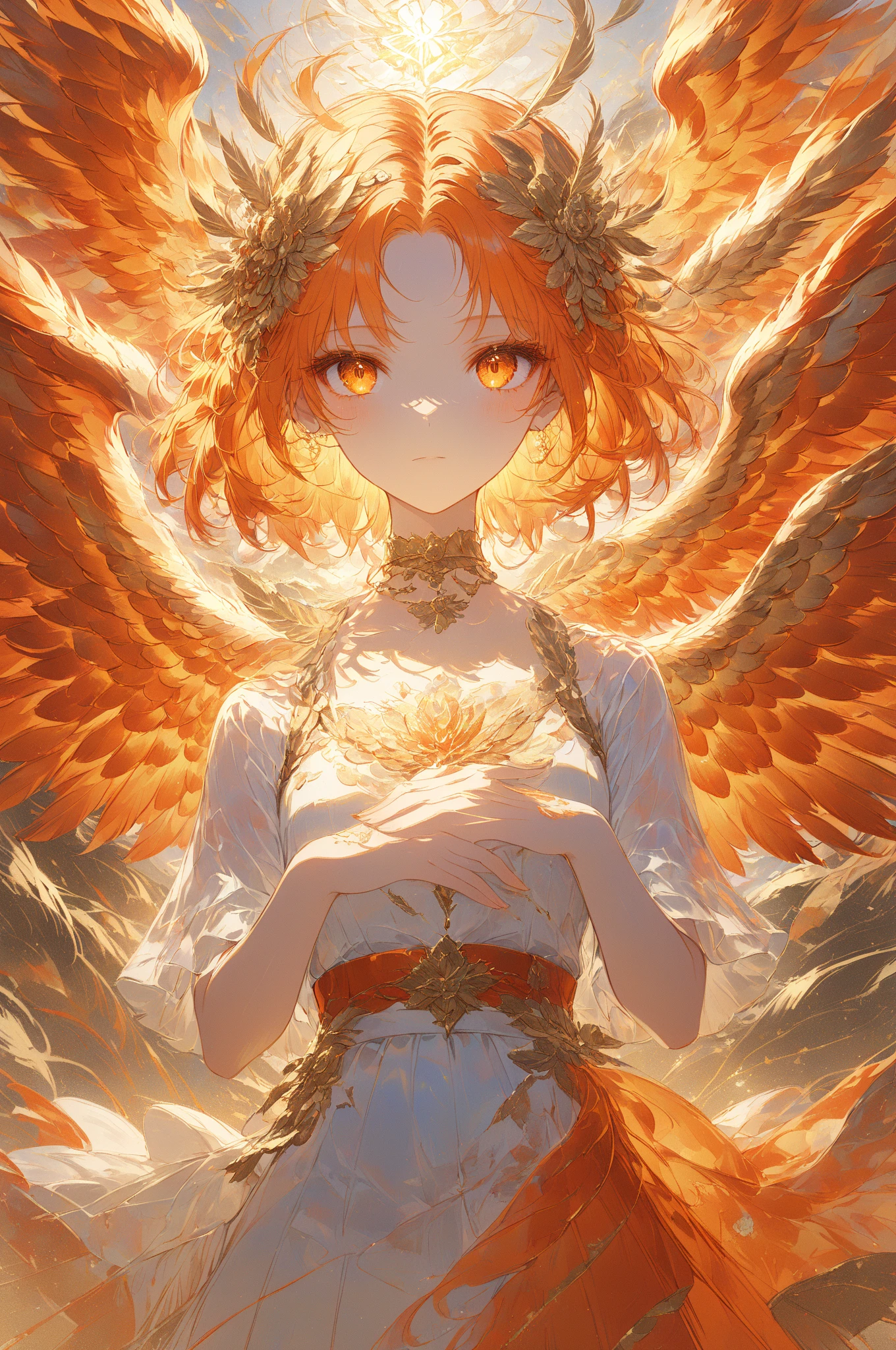 Masterpiece, high quality, high resolution, 16K, highly detailed background, digital painting, unreal engine, Makoto Shinkai illustration, hyperrealistic, fantasy, petite girl, A radiant phoenix with golden feathers, beautiful face, beautiful skin, long eyelashes, beautiful eyes, beautiful legs, full body, orange hair, messy hair, red tips, golden eyes, fair skin, flame pattern on hands and arms, tank top and skirt, white and orange based clothing, transparent material, choker, no expression, burning Sunset, dynamic angles