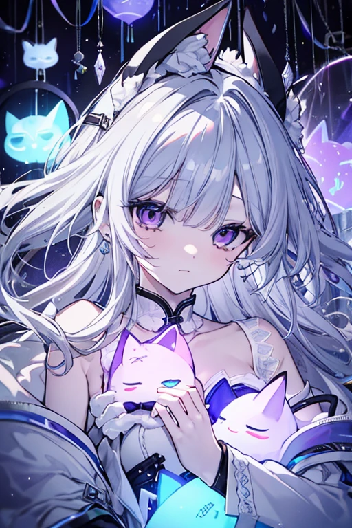 Very Kwai, With white hair illuminating the surrounding galaxy, Eyes with star-shaped pupils, Viola, In the fetal position, Emphasize hair and the surrounding starry sky